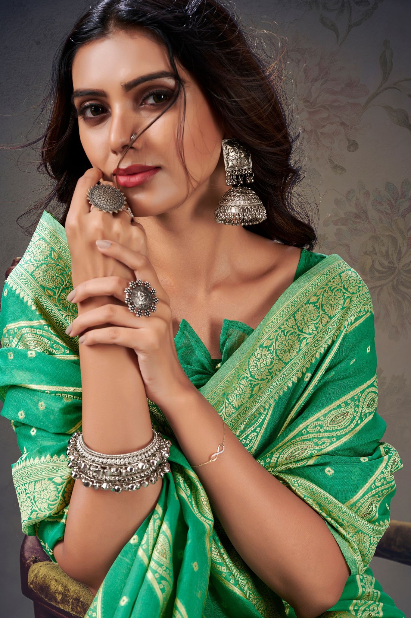 Emerald Green Cotton Silk Saree with Bandhani Print