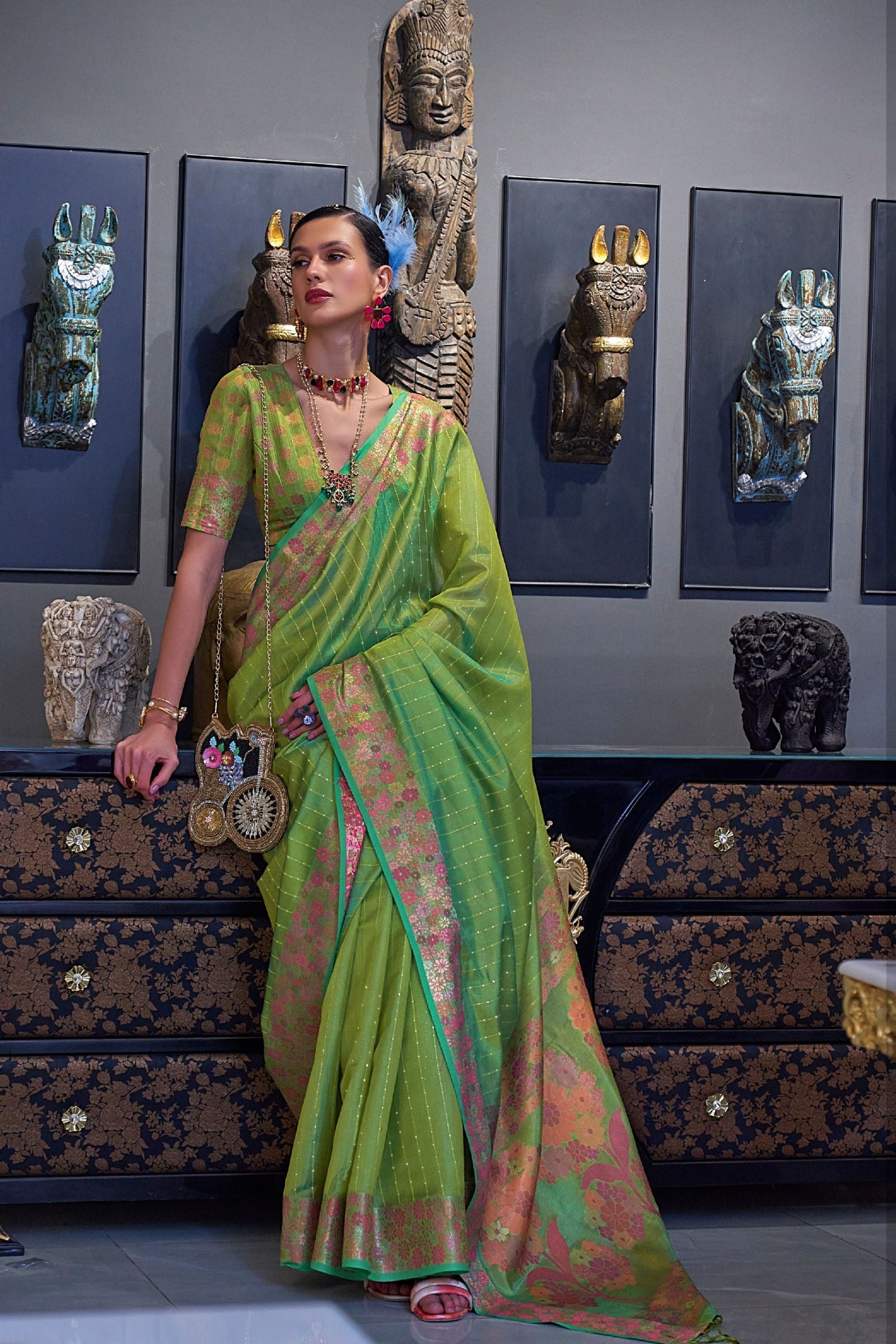 Green Sequins Work Floral Border Organza Saree