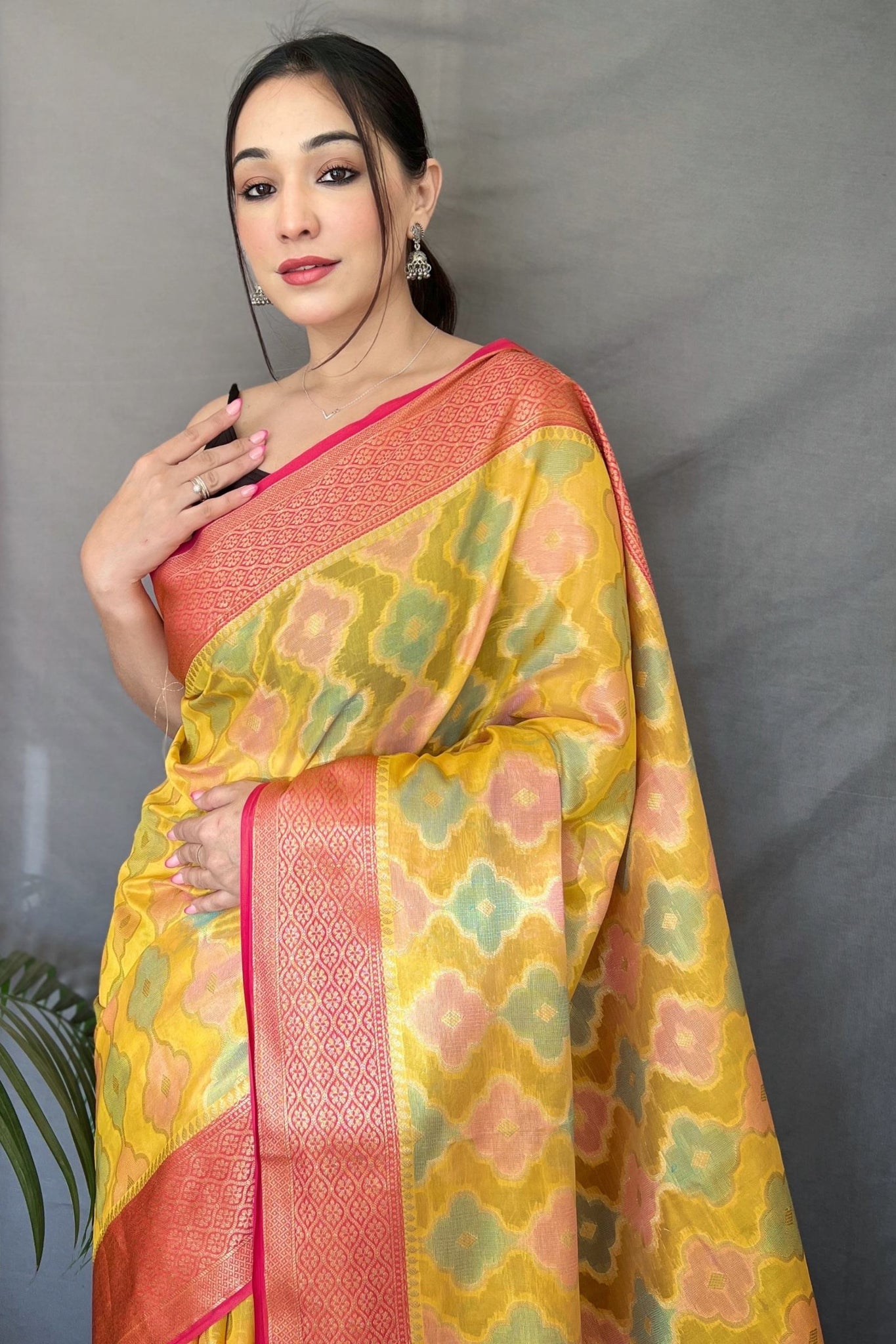 Yellow Tissue Silk Saree with Golden Zari