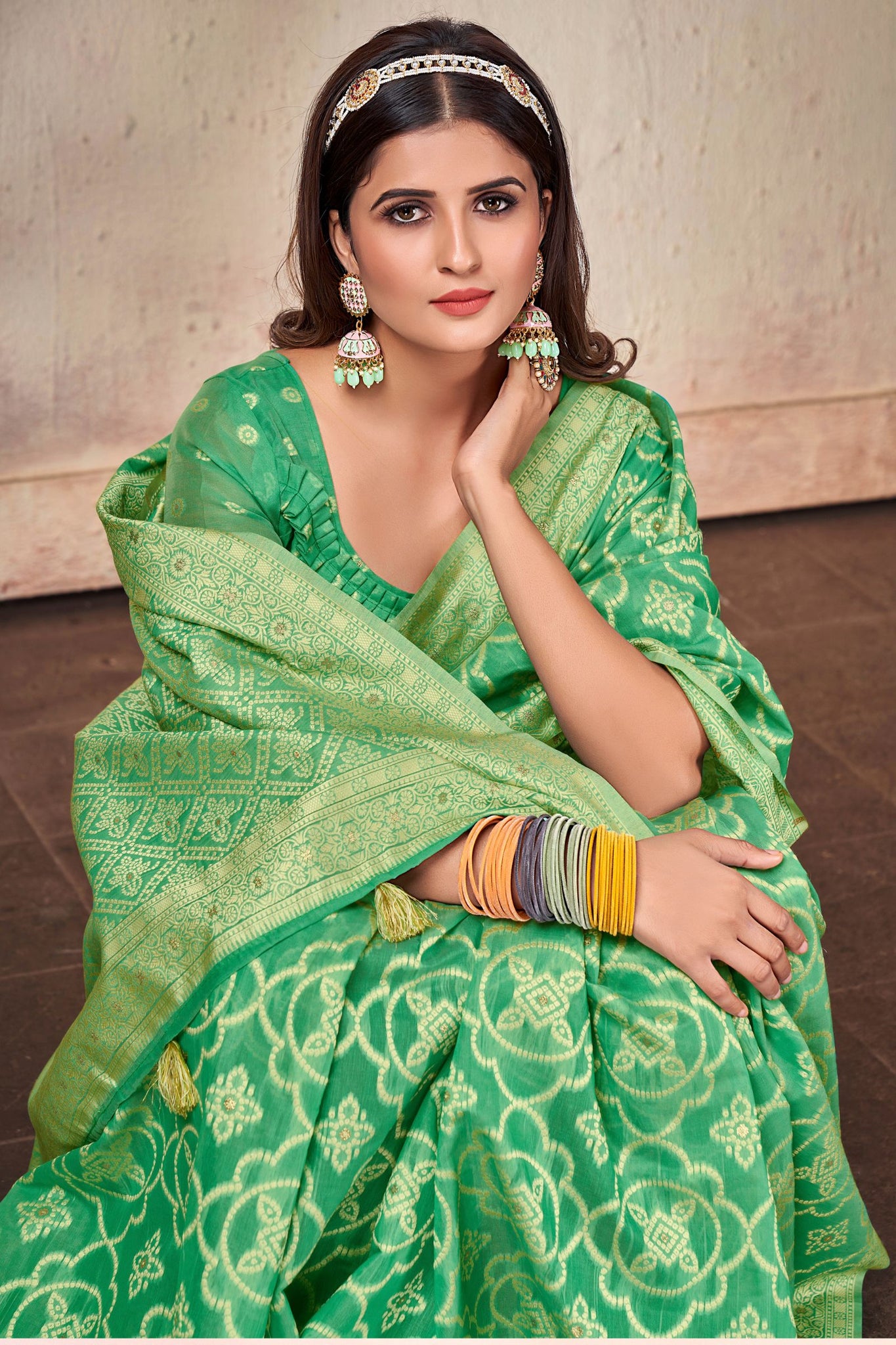 Sea Green Cotton Silk Saree with Bandhani Print