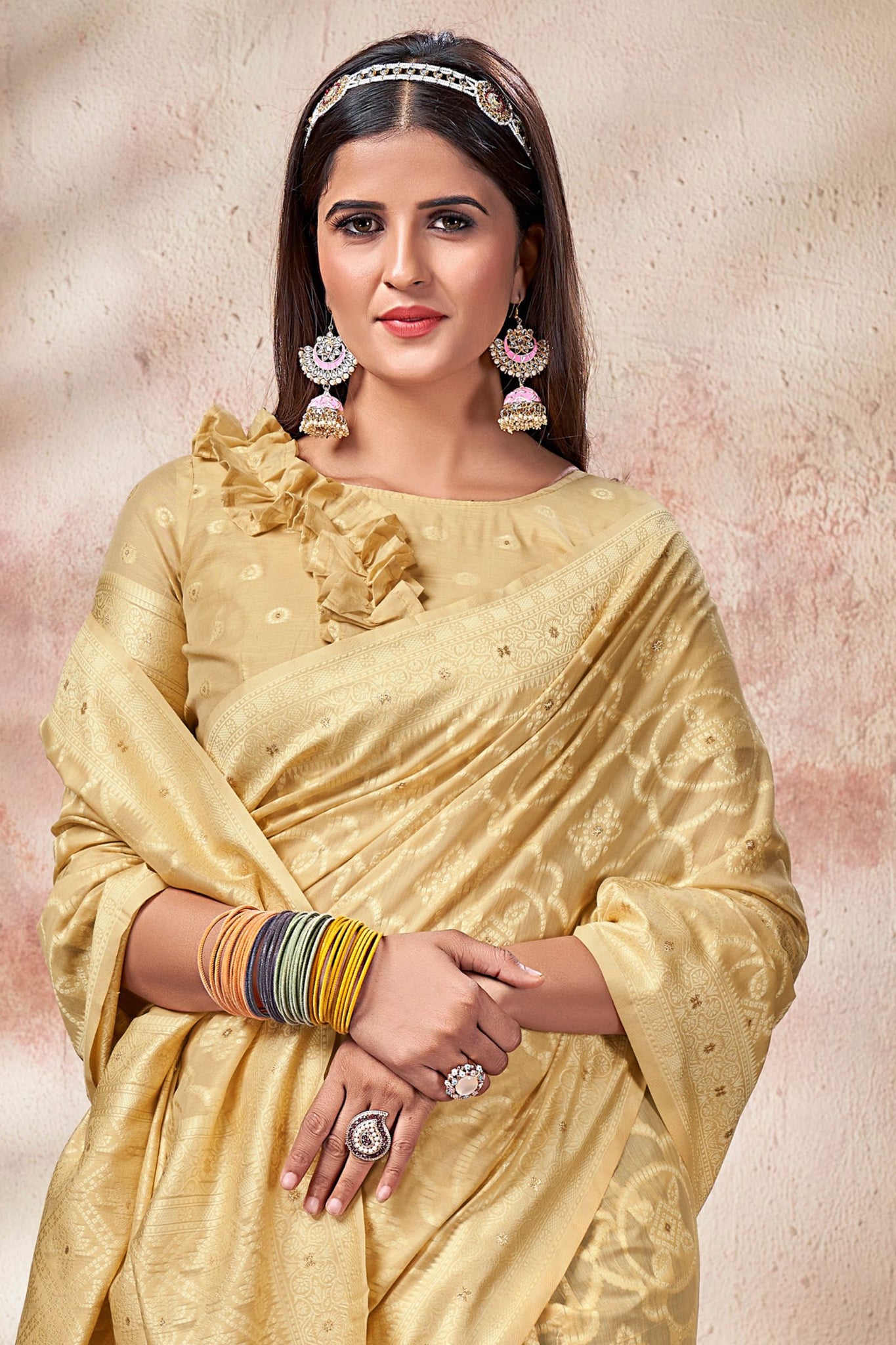 Cream Cotton Silk Saree with Bandhani Print