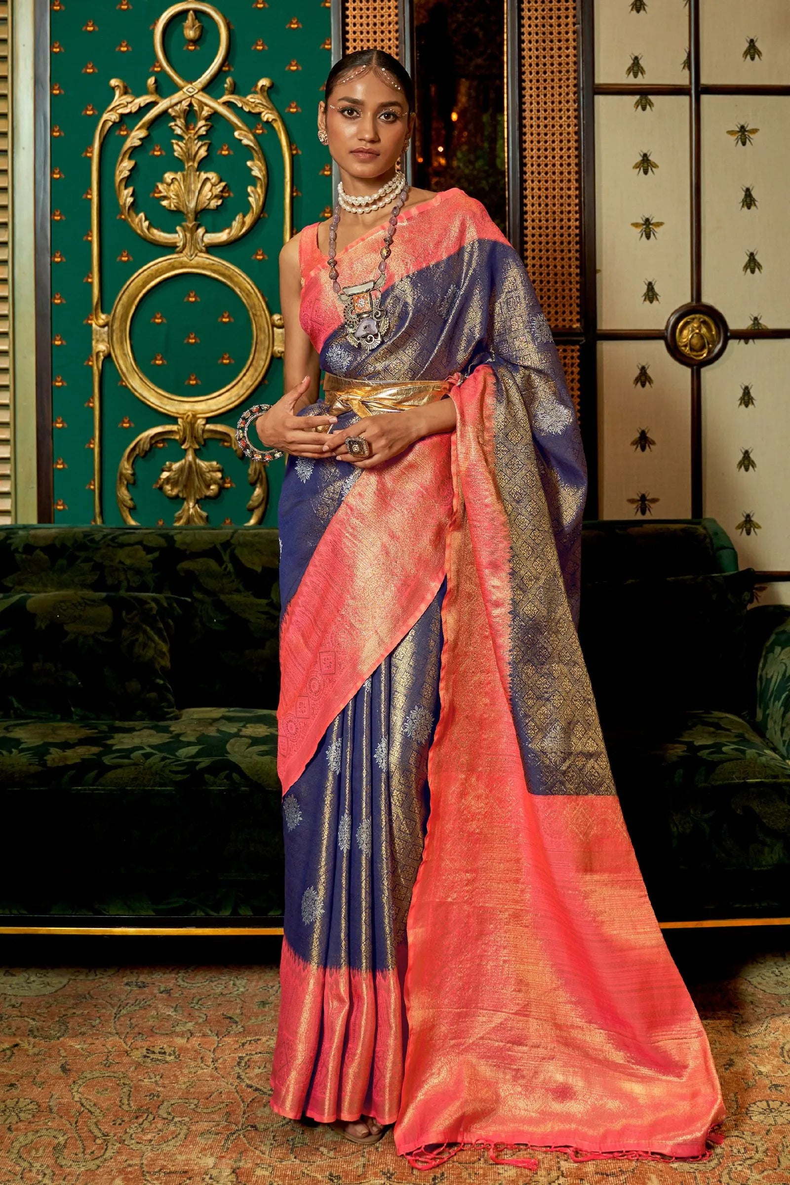 Purple Peach Zari Base Silk Saree