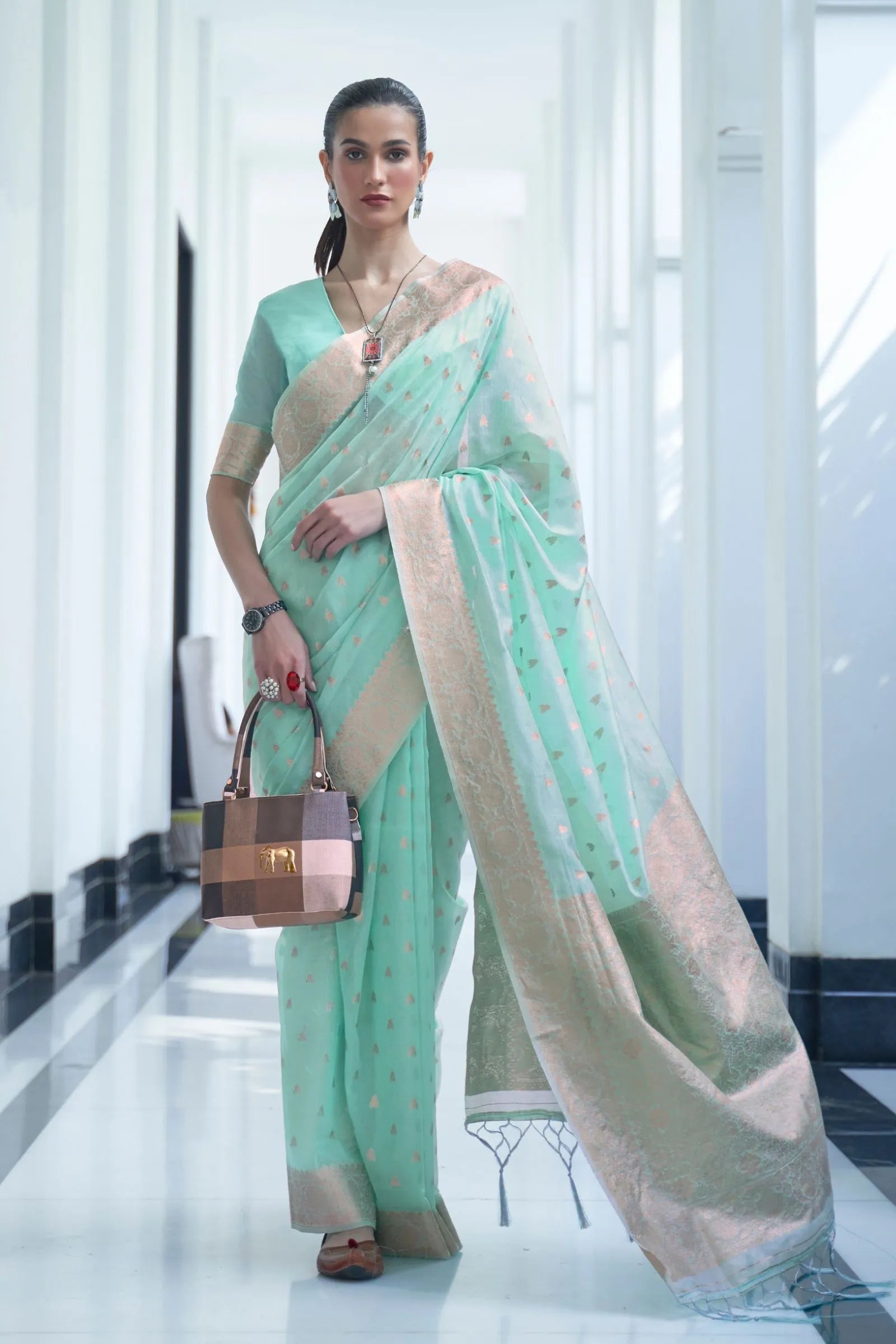 Sea Blue Mukaish Weaving Modal Saree