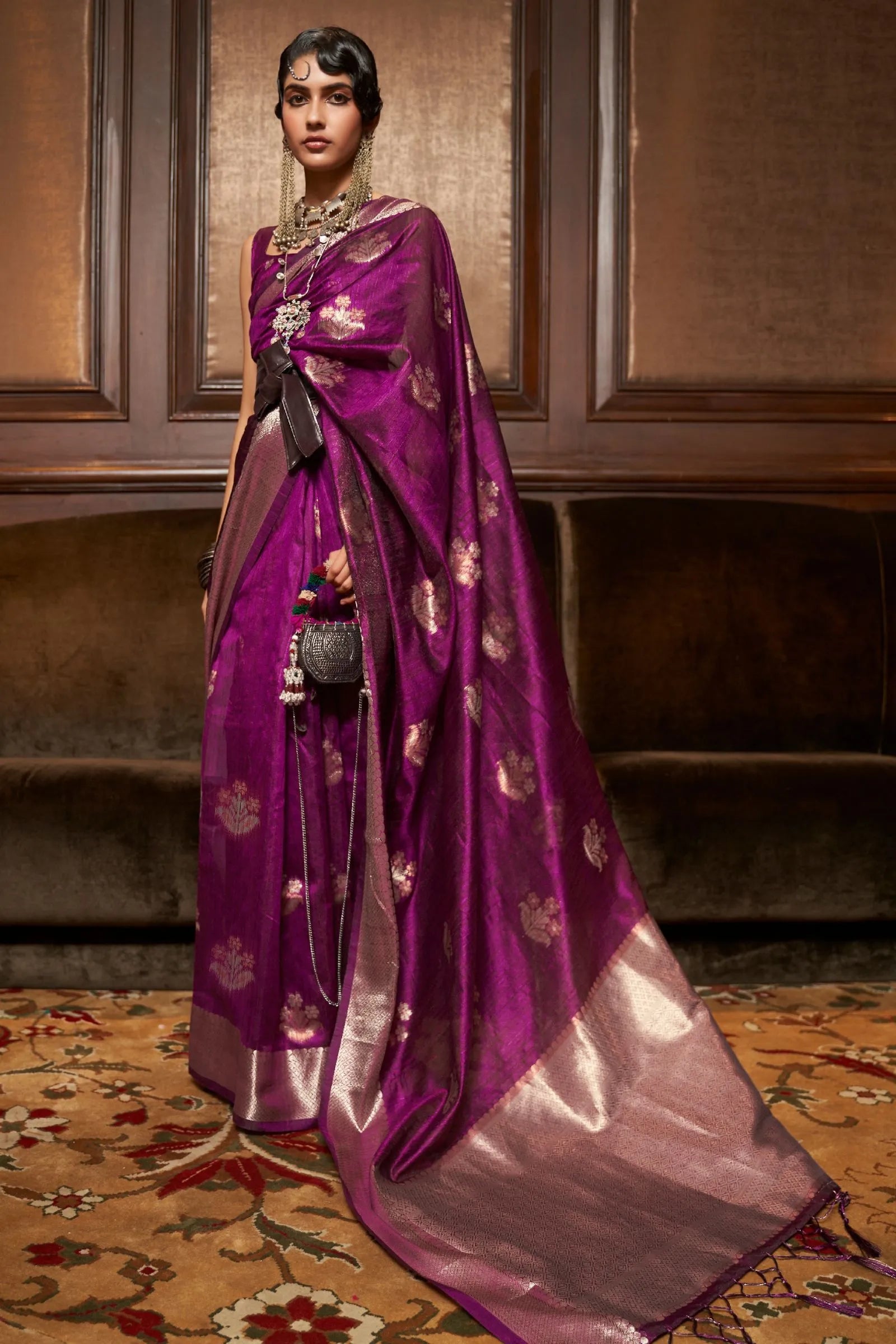 Wine Copper Zari Tussar Silk Saree