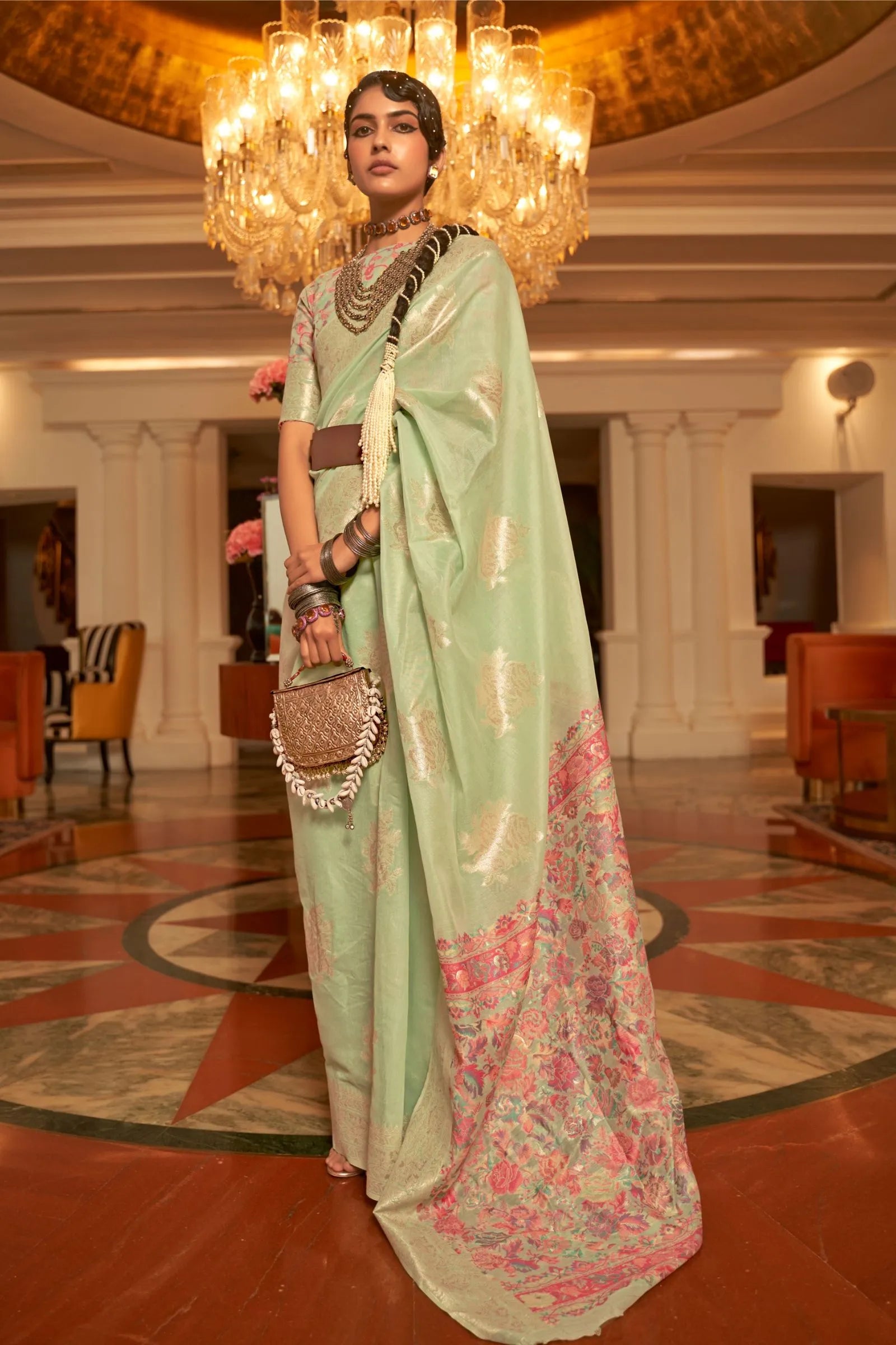 Mint Green Kashmiri Pallu Modal Saree