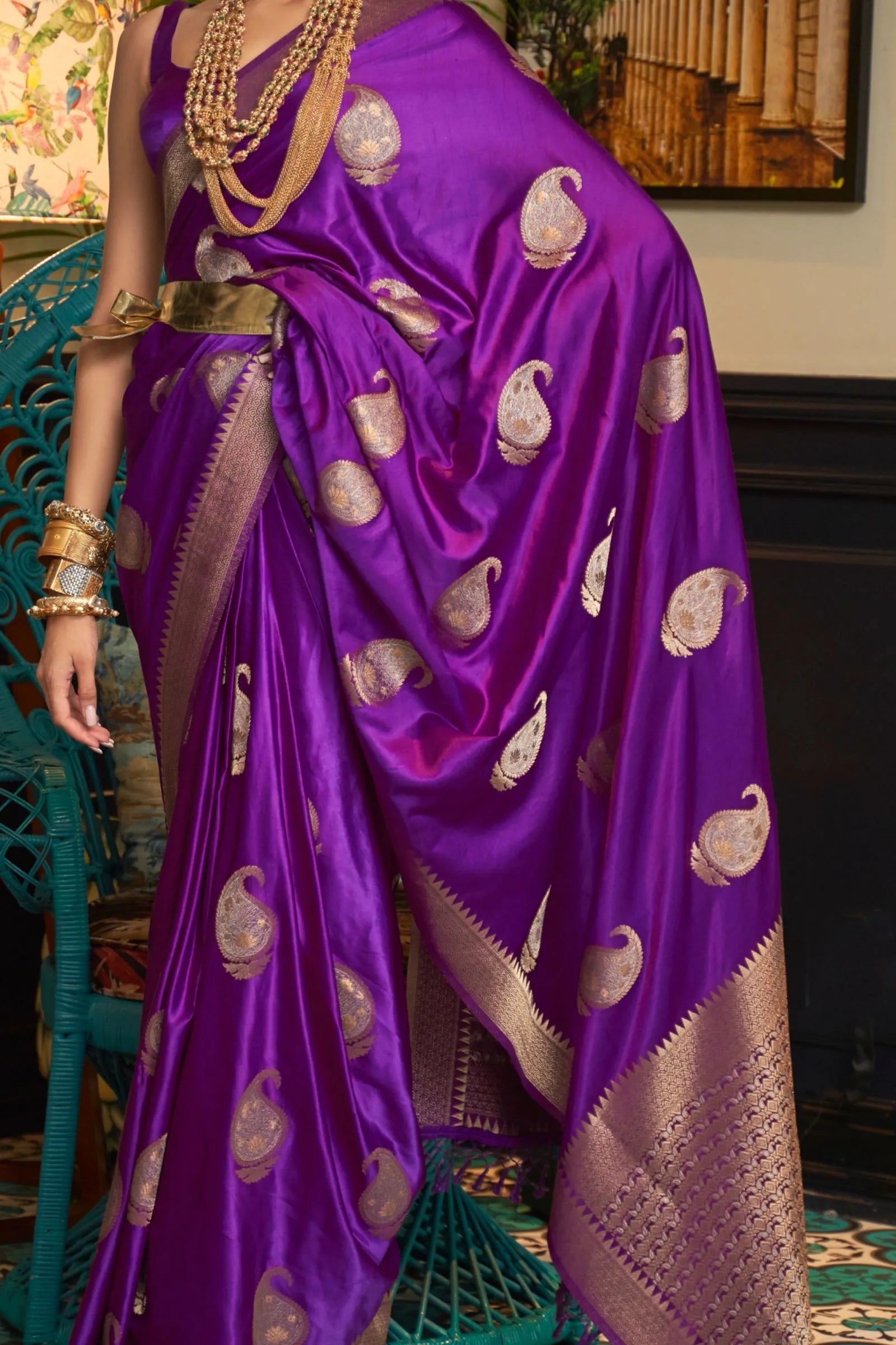 Purple Paisley Motif Satin Saree