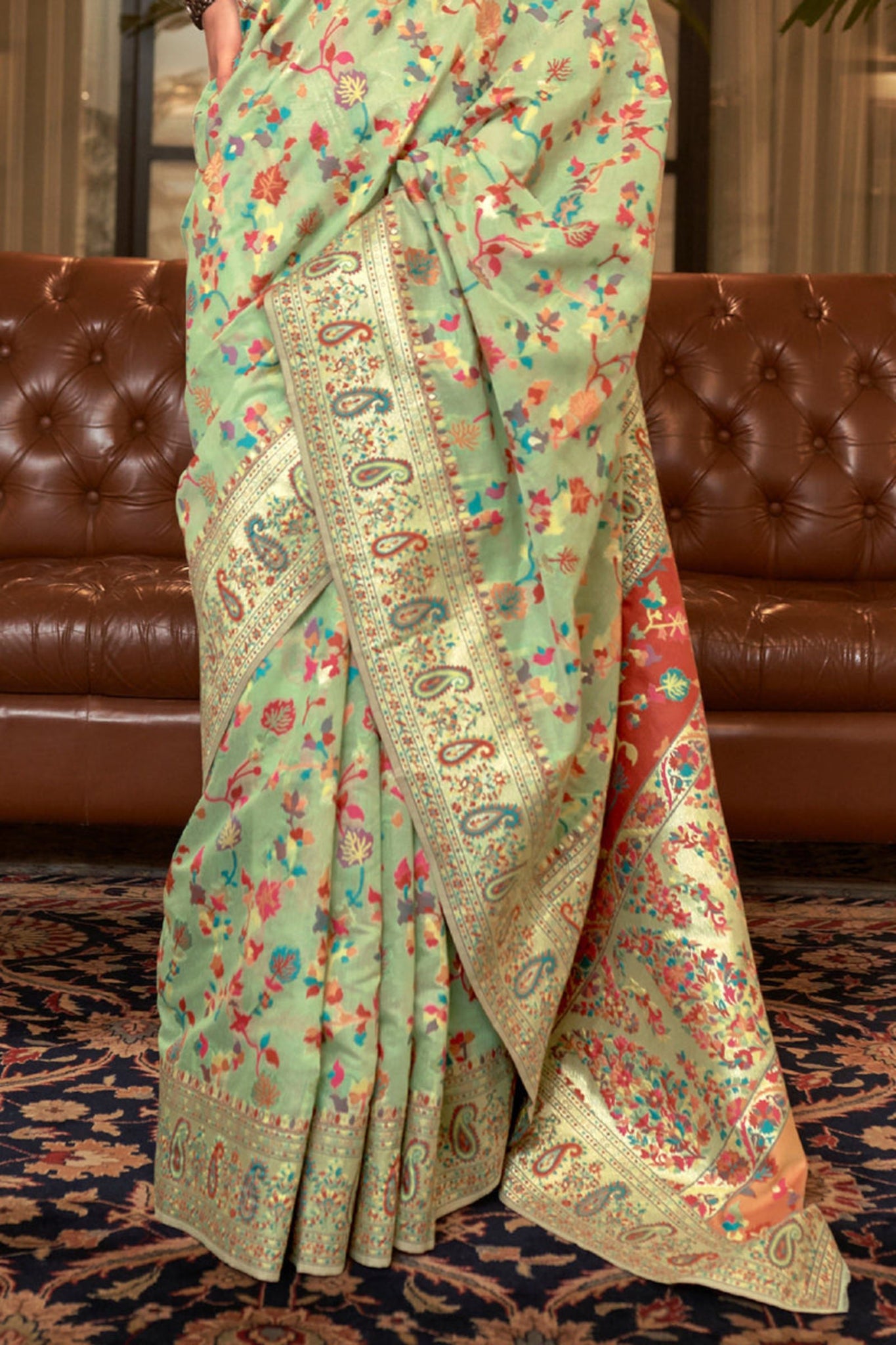 Pista Green Pashmina Saree with Kashmiri Weaving