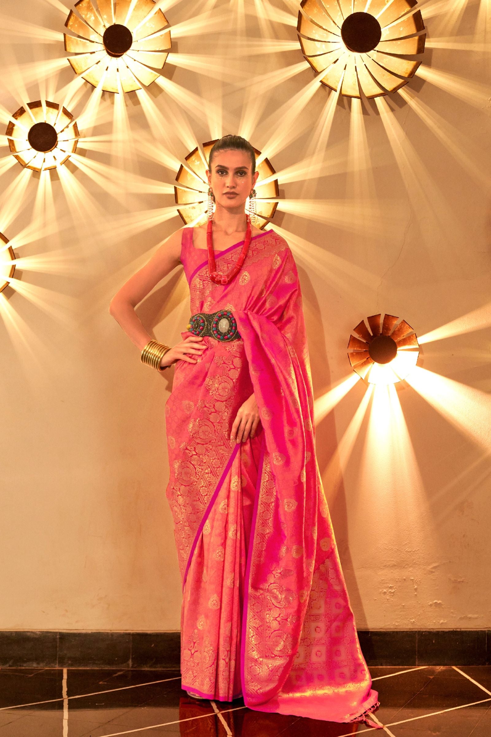 Peach Pink Buti Work Silk Saree