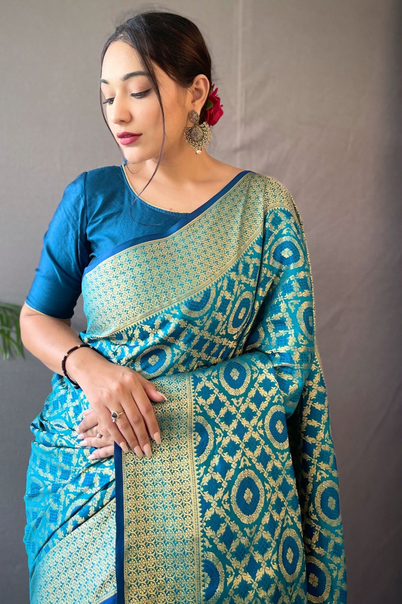 Bright Turquoise Bandhej Zari Silk Saree