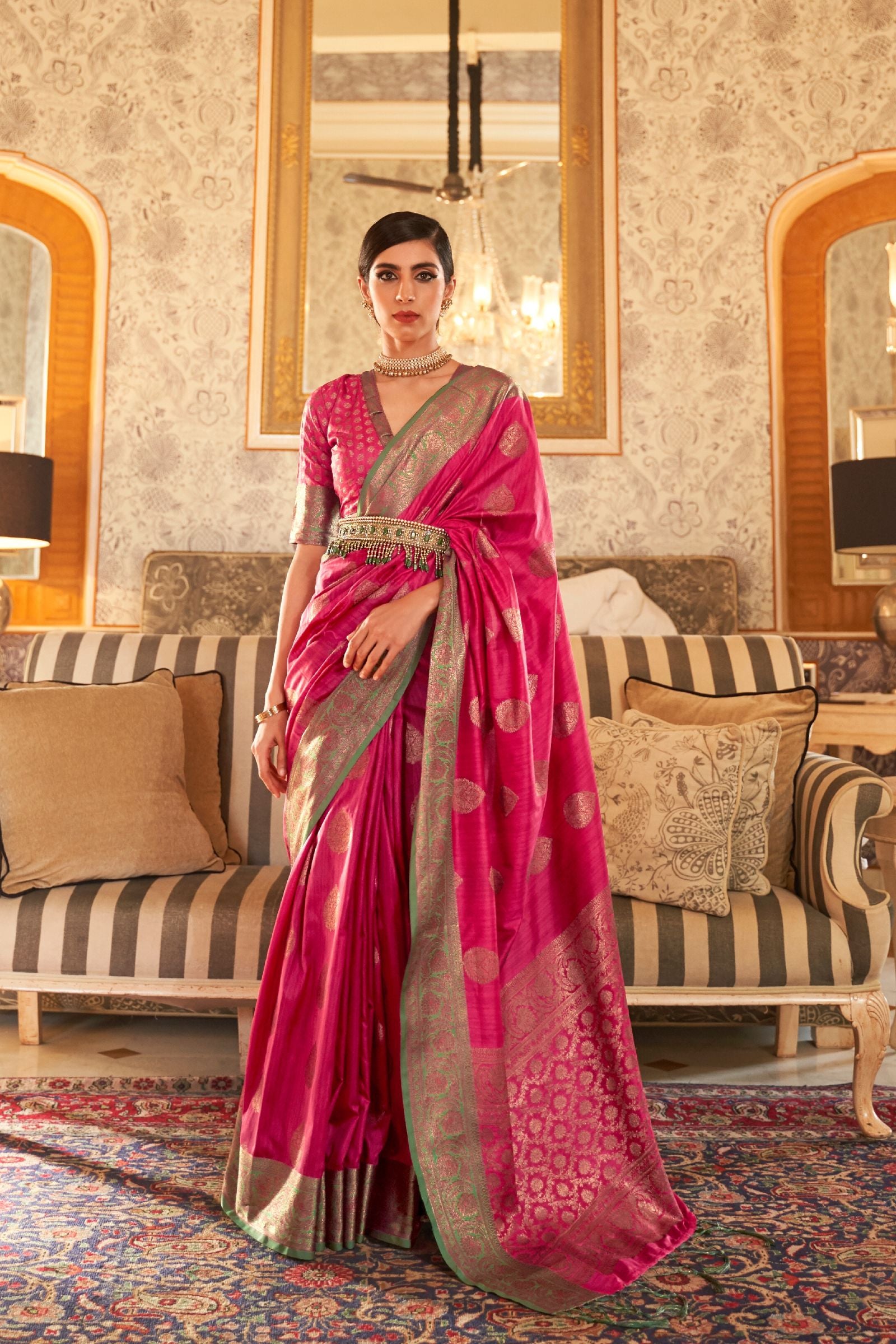 Magenta Zari Work Tussar Silk Saree