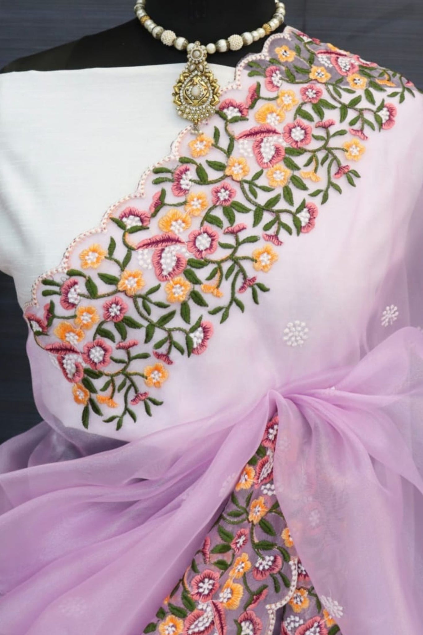 Lavender Floral Embroidery Organza Silk Saree