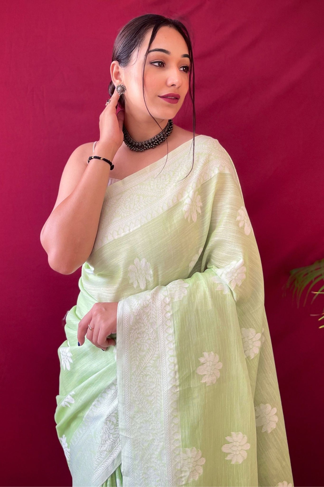 Mint Green Lucknowi Cotton Linen Saree