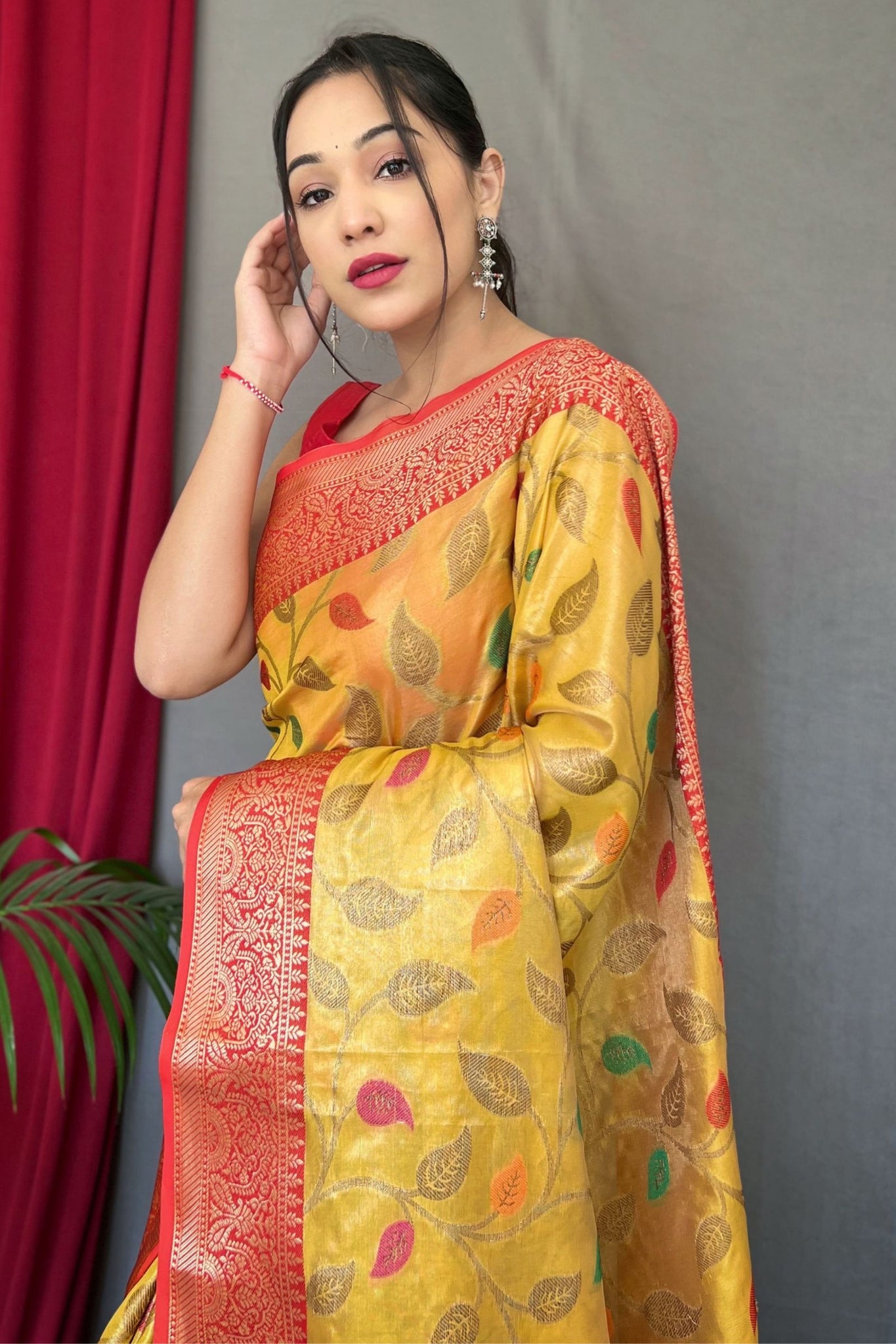 Yellow Zari Weaving Tissue Silk Saree