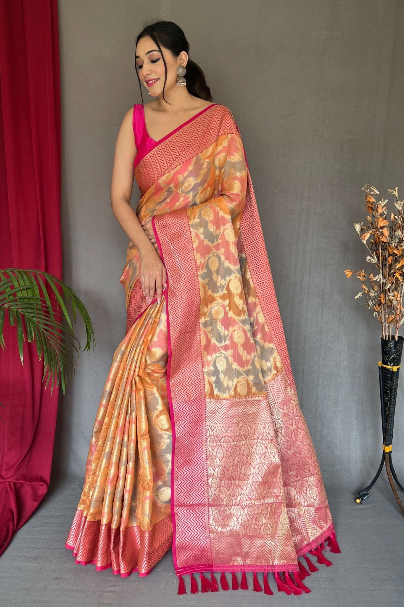 Golden Yellow Pure Tissue Silk Saree with Multicolored Weaving