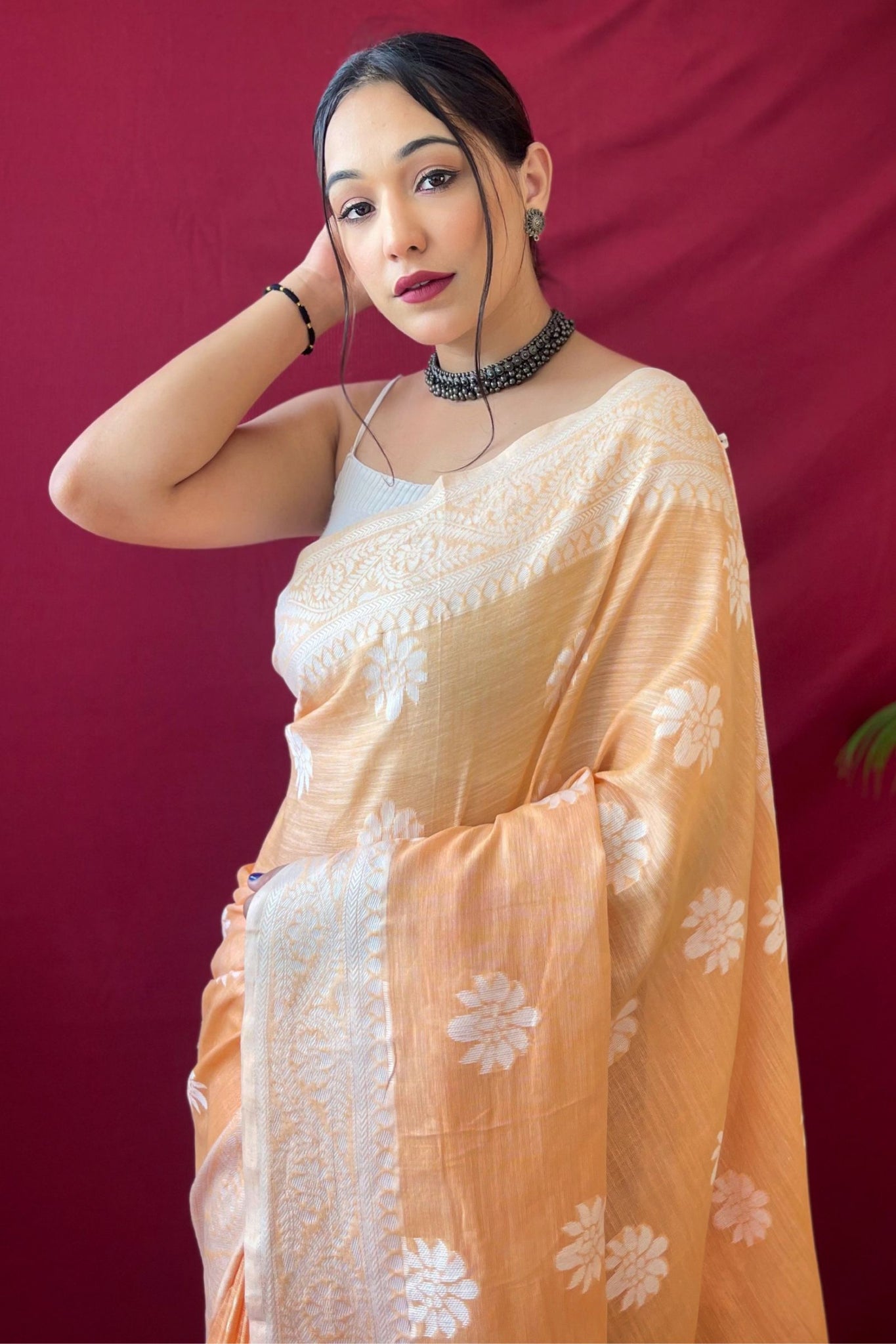 Light Orange Lucknowi Cotton Linen Saree