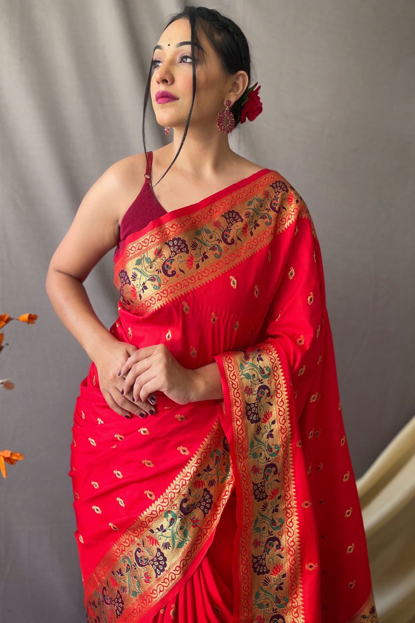Red Paithani Silk Meenakari Saree