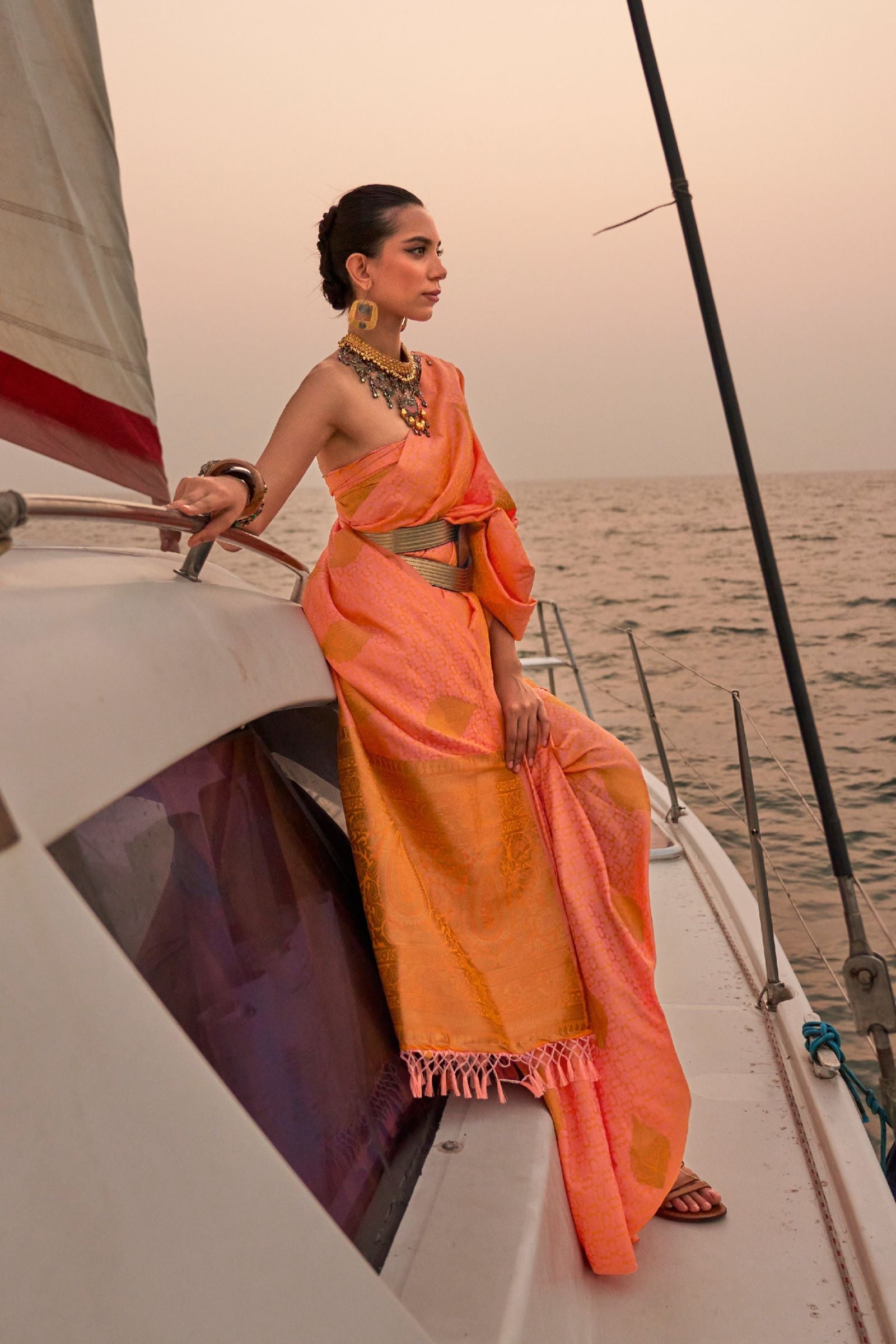 Peach Zari Woven Satin Saree