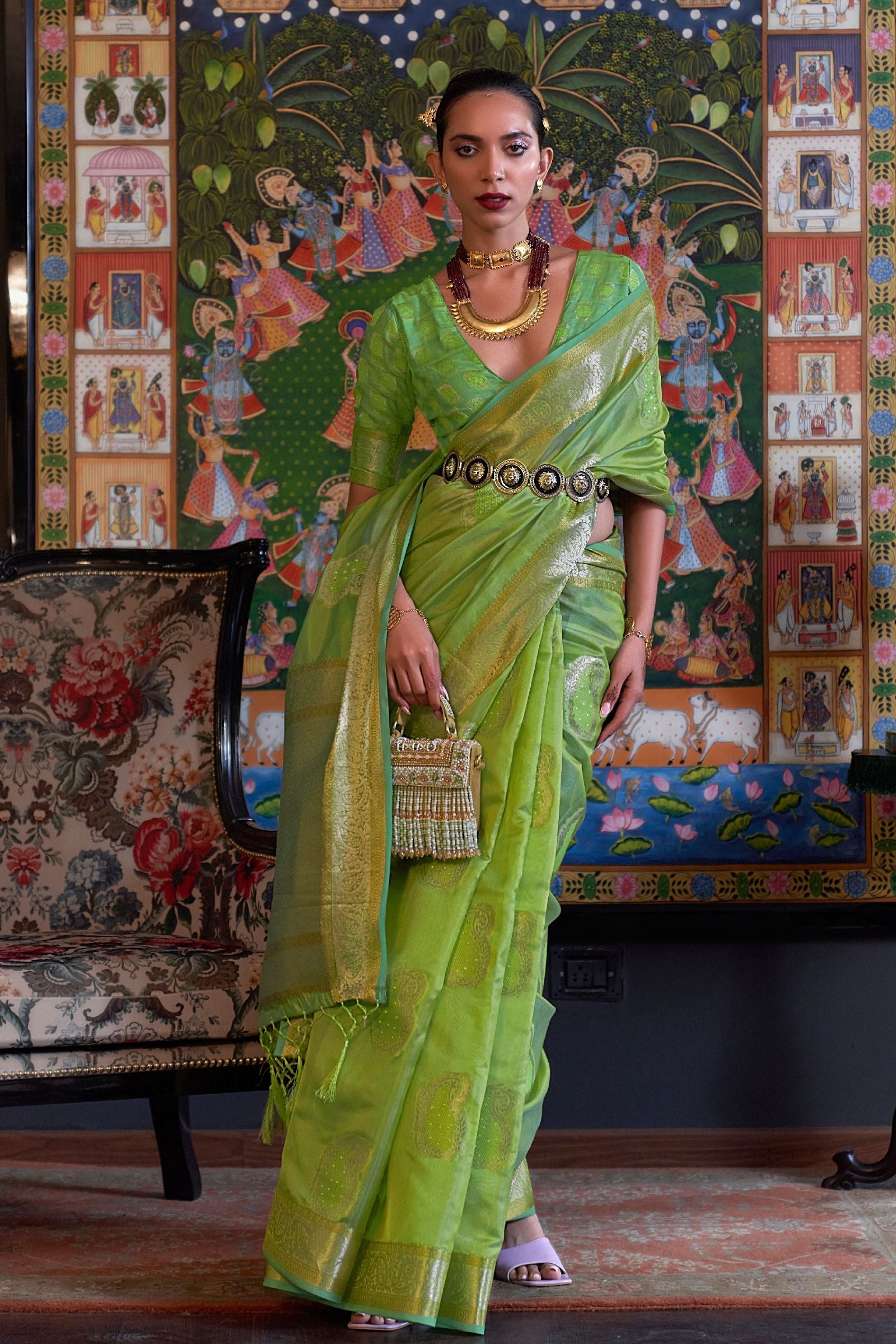 Light Green Two Tone Zari Sequins Saree