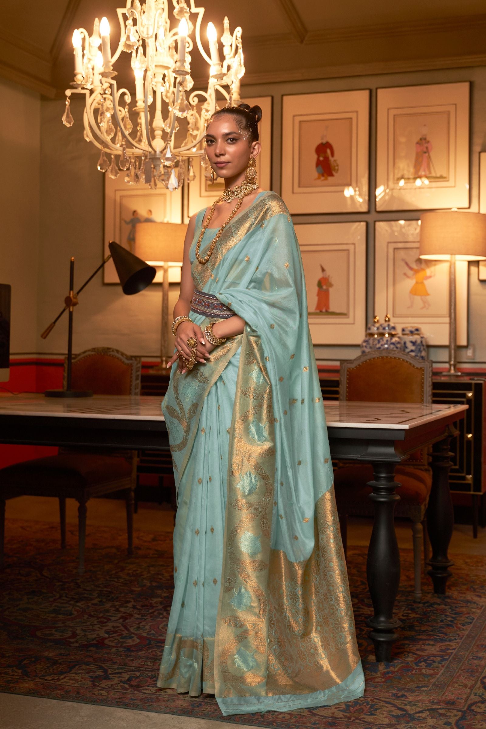 Pastel Blue Copper Zari Organza Saree