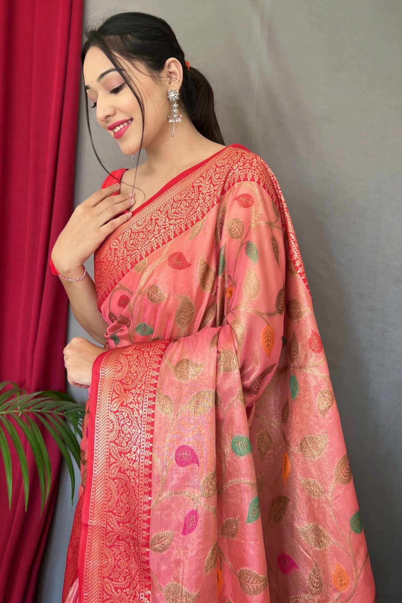 Pink Zari Weaving Tissue Silk Saree