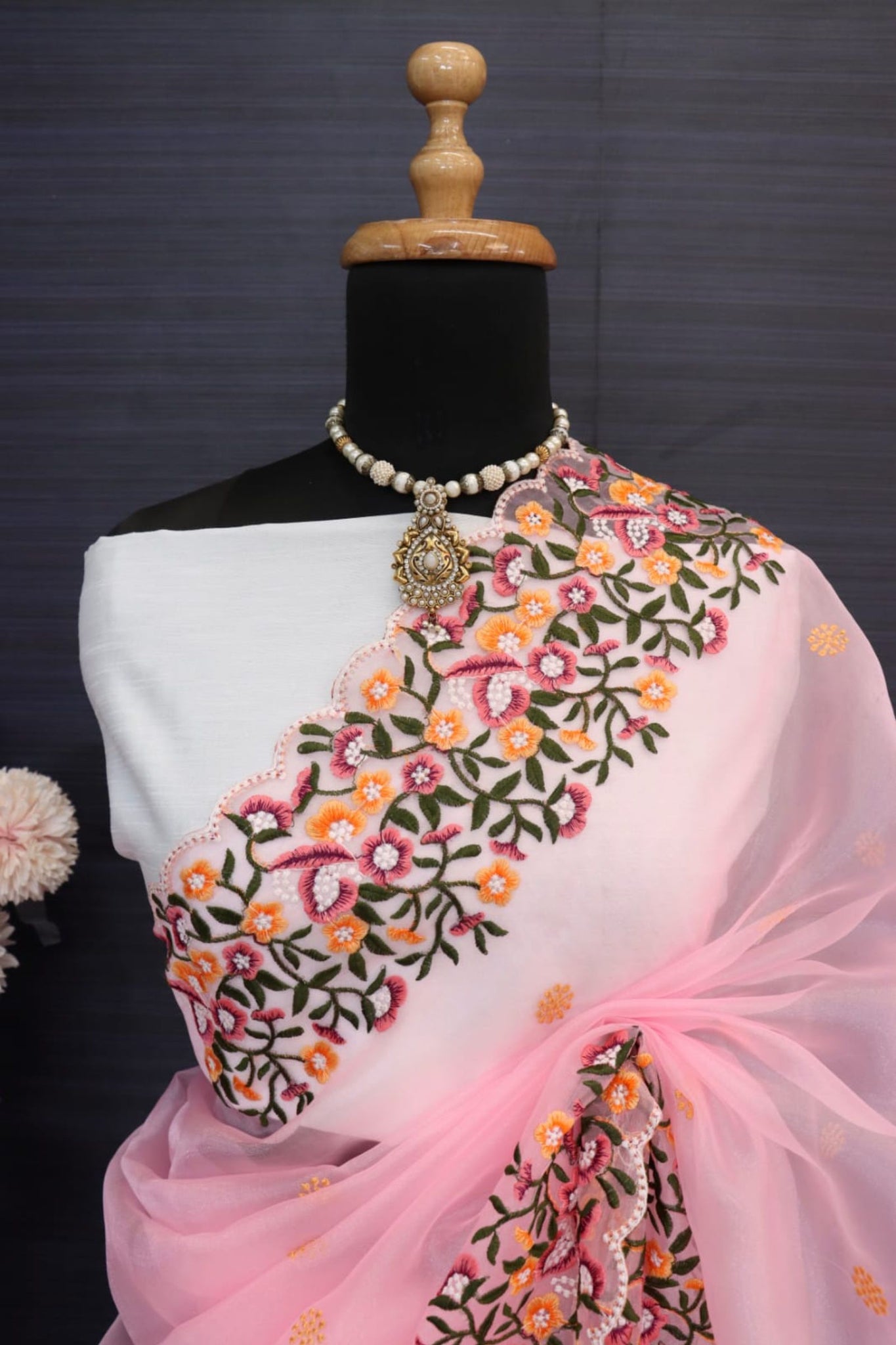 Baby Pink Floral Embroidery Organza Silk Saree