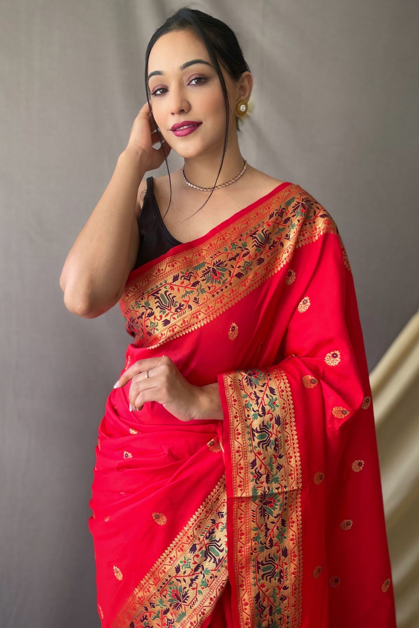 Red Paithani Silk Meenakari Gold Zari Woven Saree