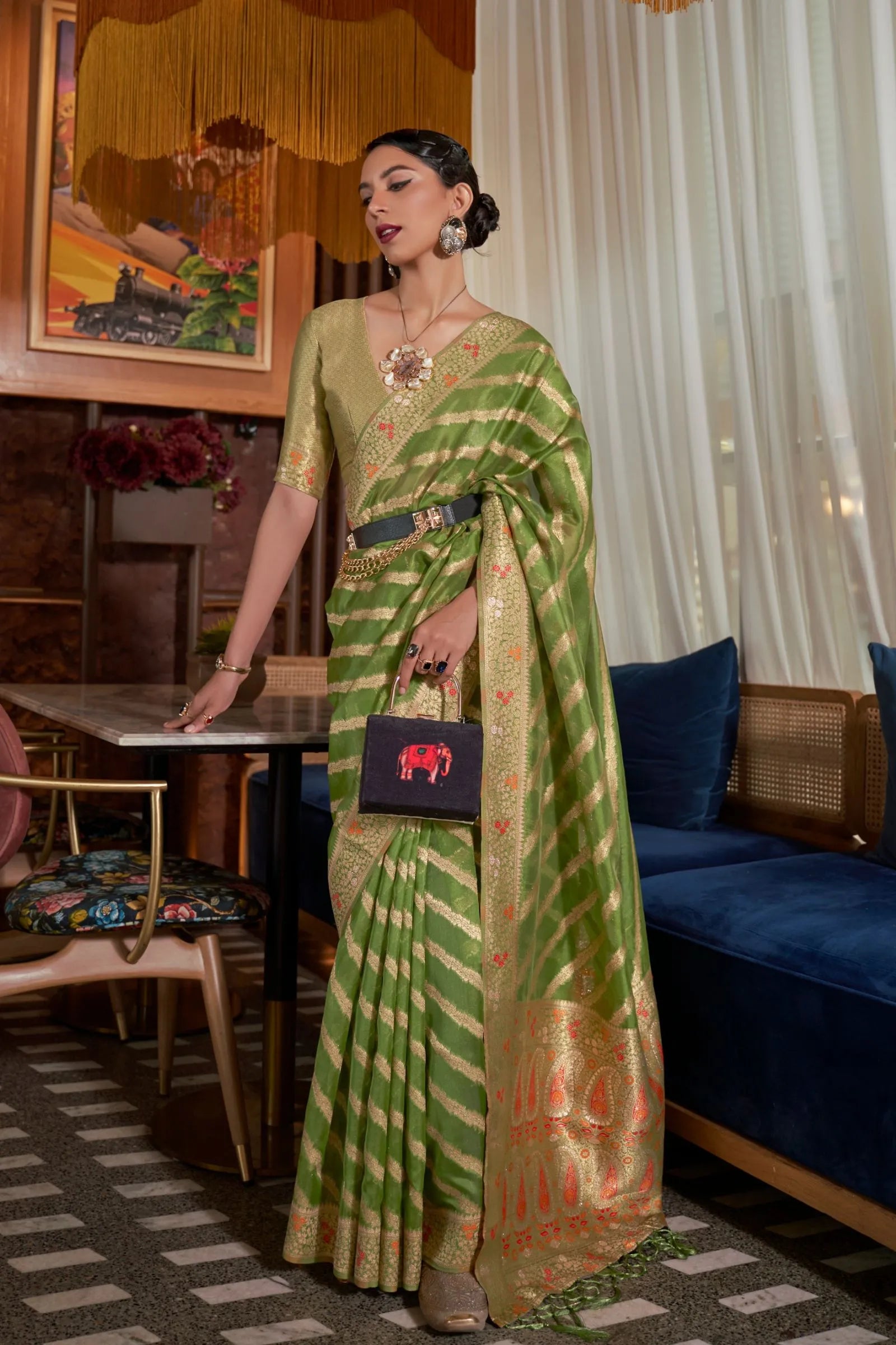 Light Green Meenakari Weaving Organza Saree