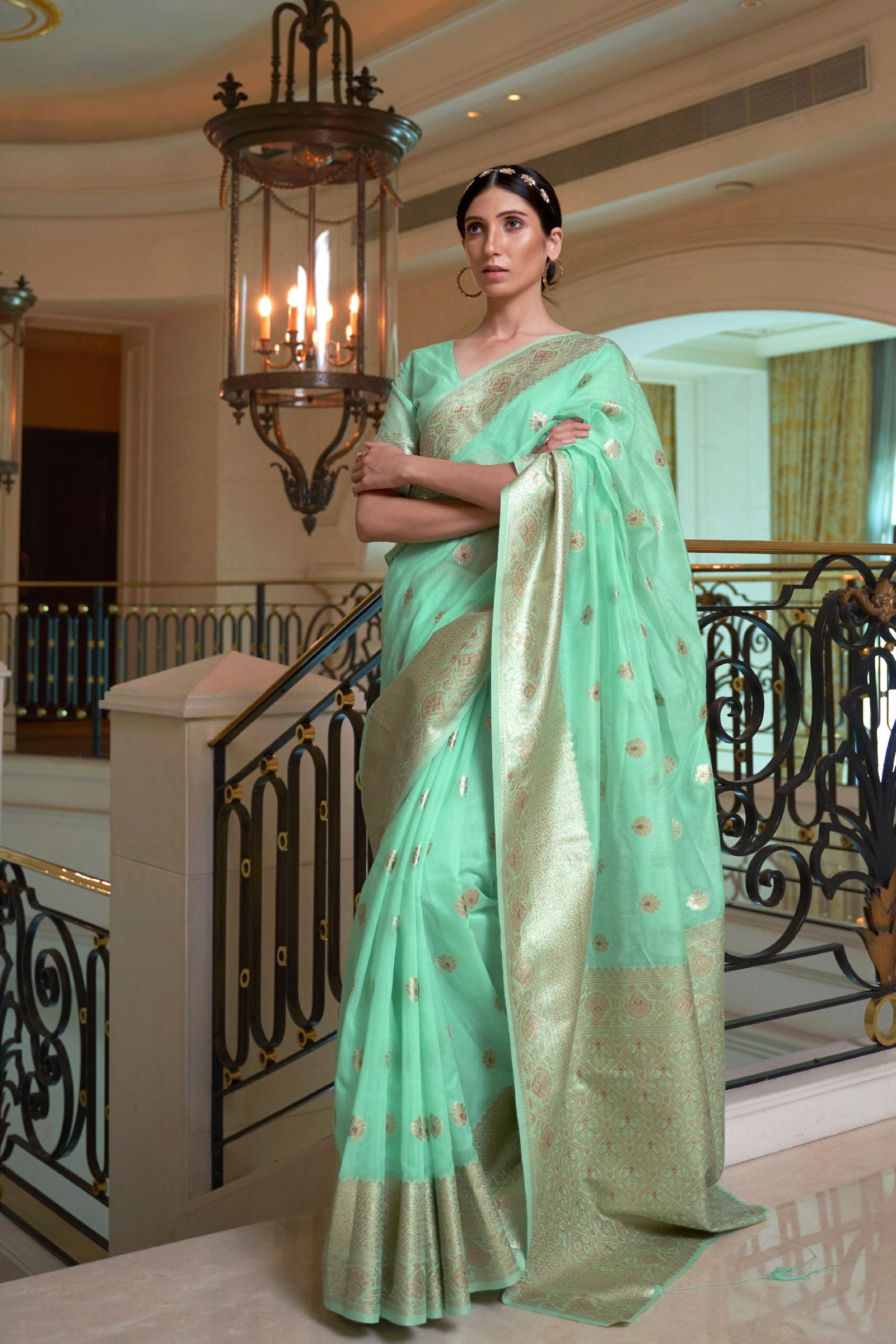 Sea Green Zari Work Modal Saree