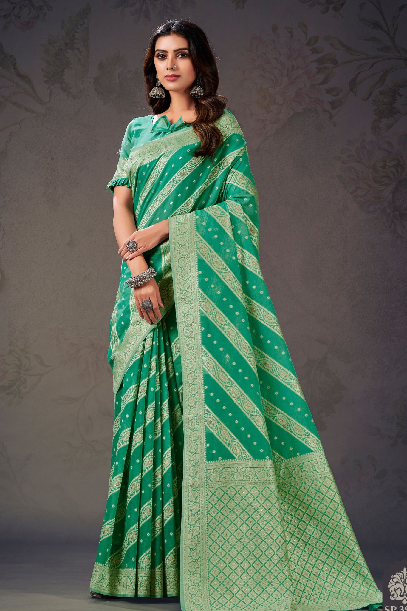 Emerald Green Cotton Silk Saree with Bandhani Print