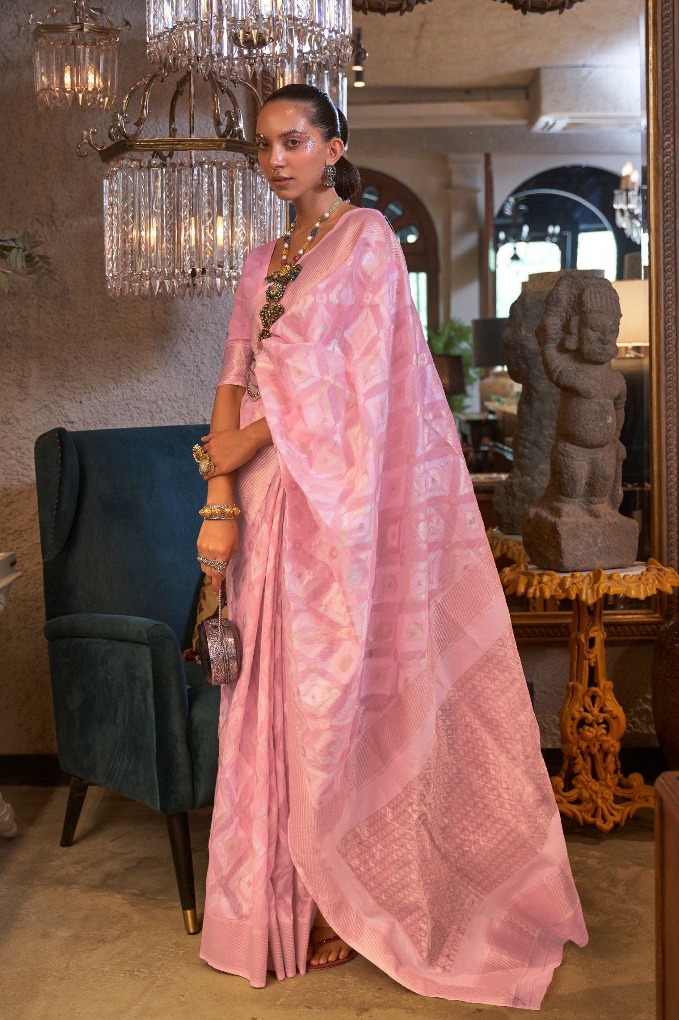 Baby Pink Zari Woven Linen Saree