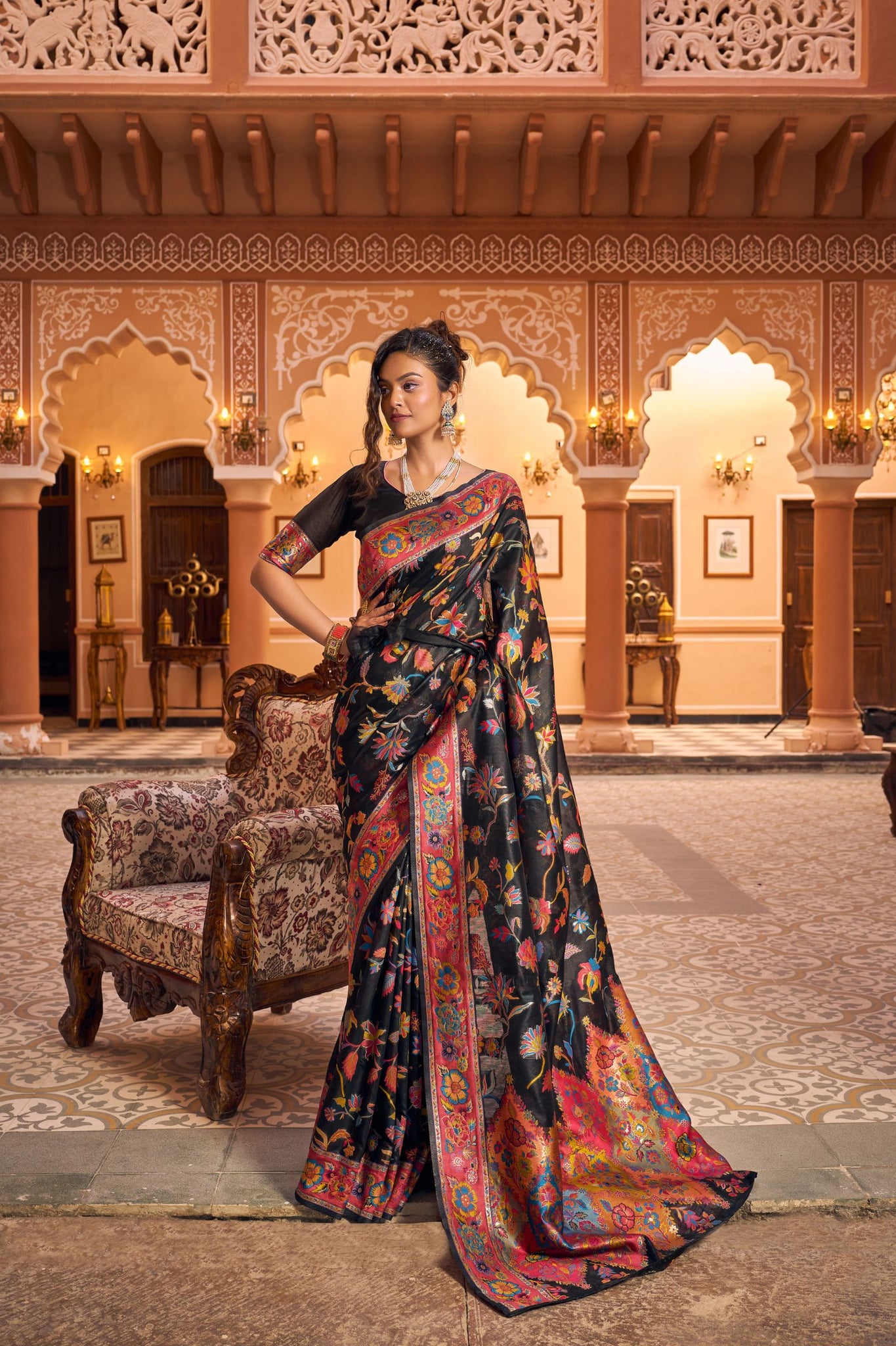 Black Pashmina Craft Cotton Silk Saree