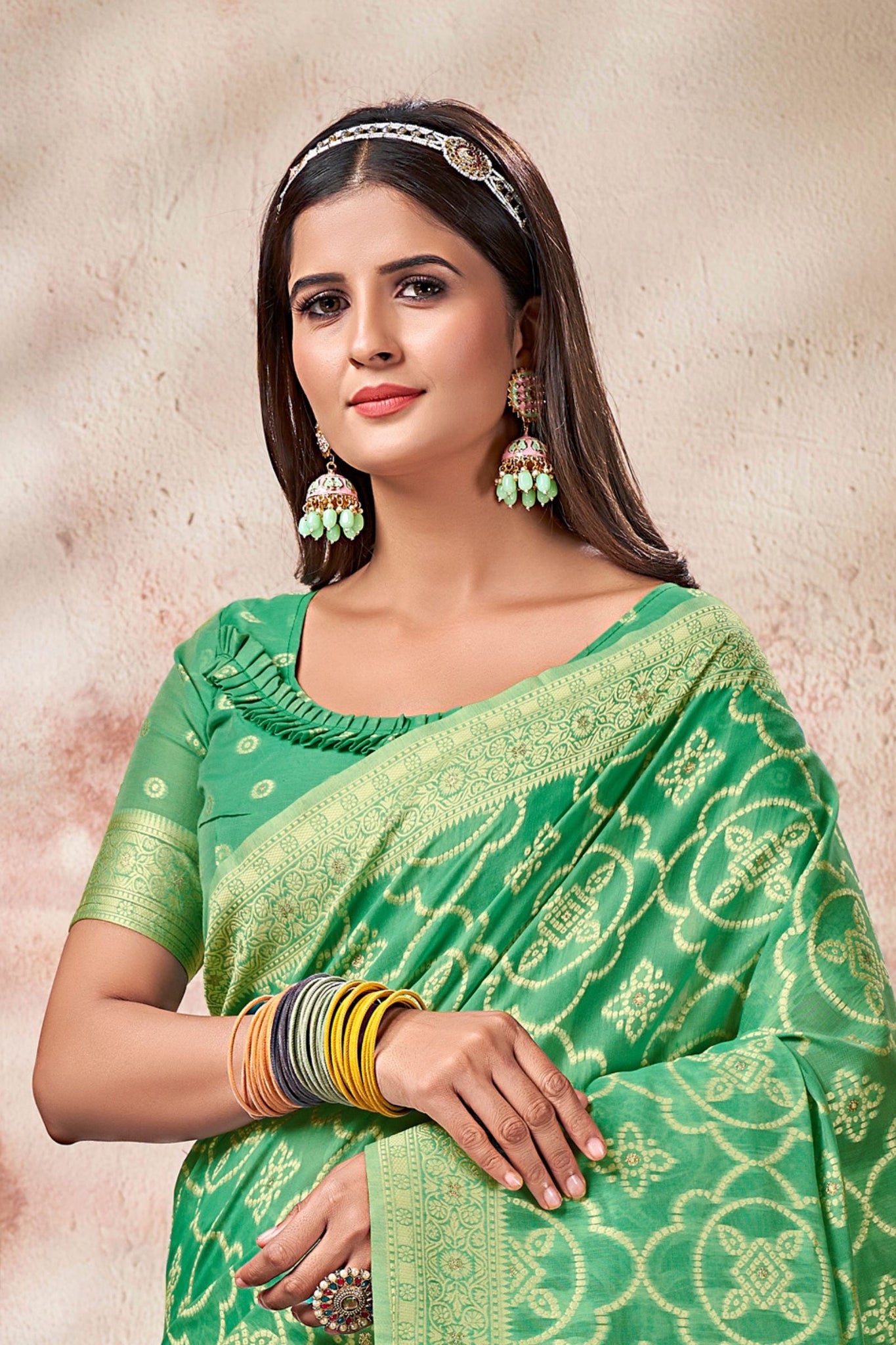 Sea Green Cotton Silk Saree with Bandhani Print