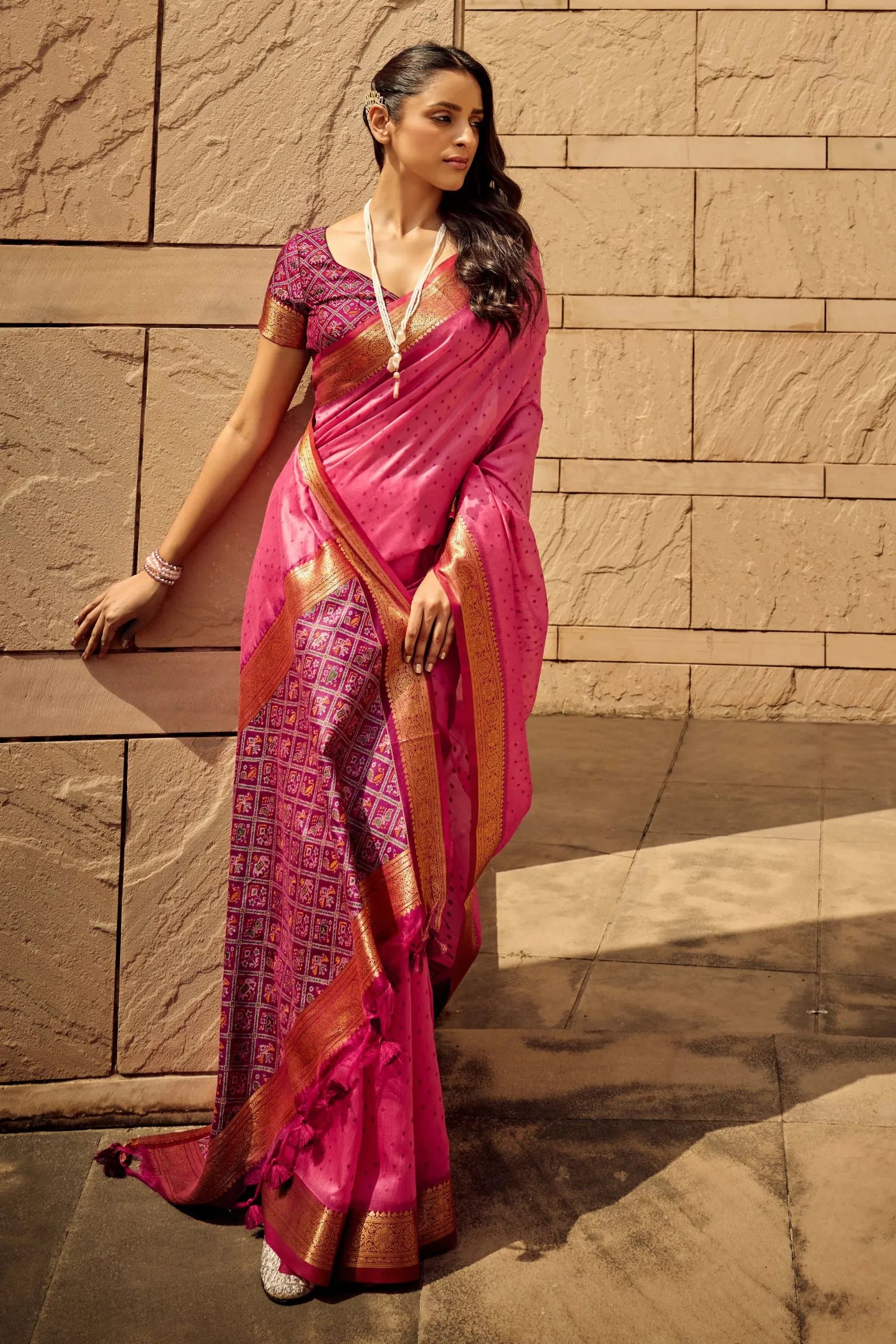 Hot Pink Handblock Weaving Silk Saree