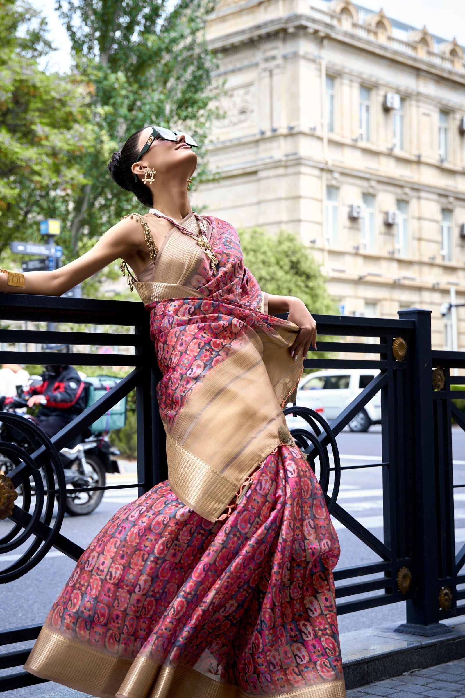 Multicolor Printed Satin Organza Saree