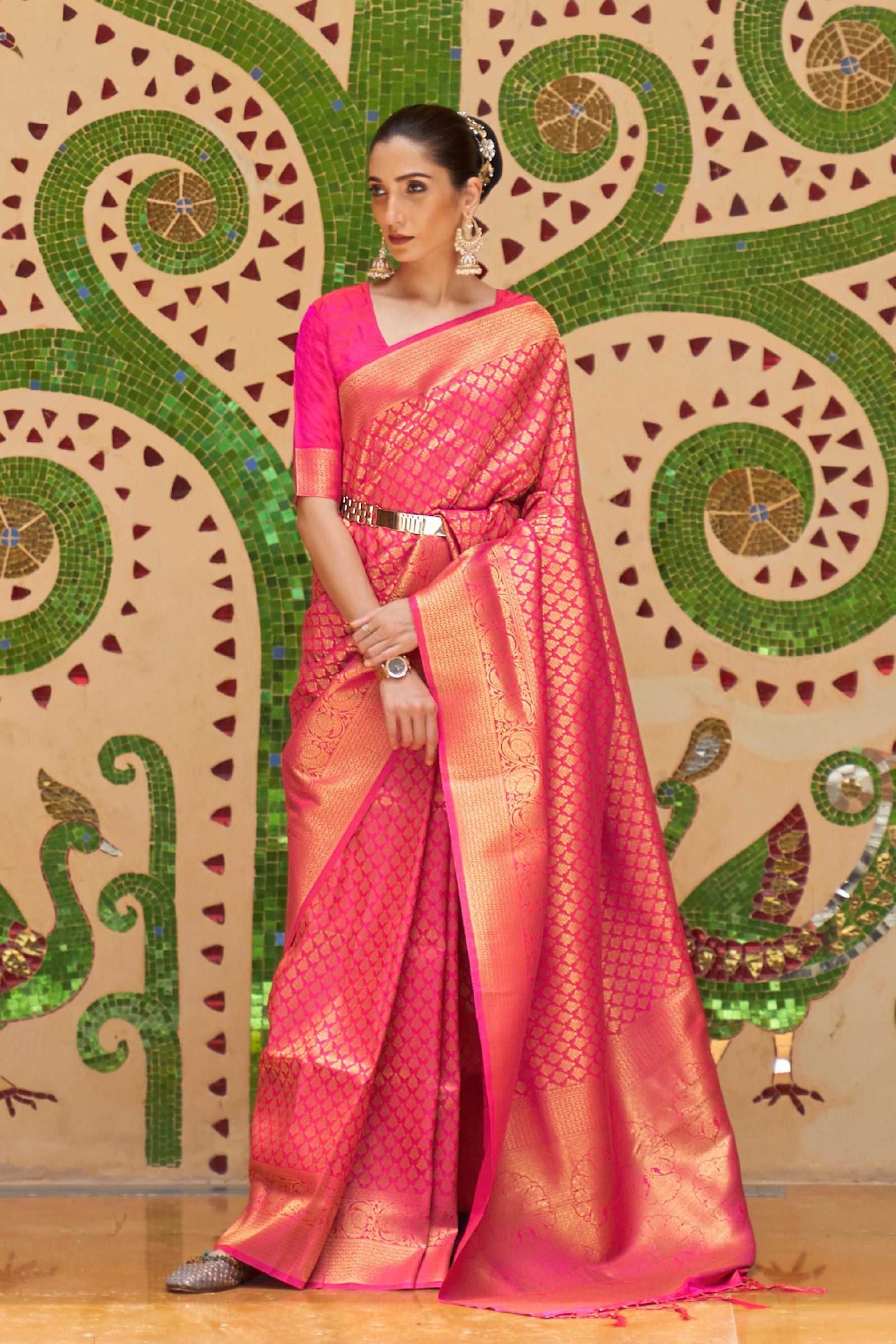 Hot Pink Zari Work Kanjivaram Saree