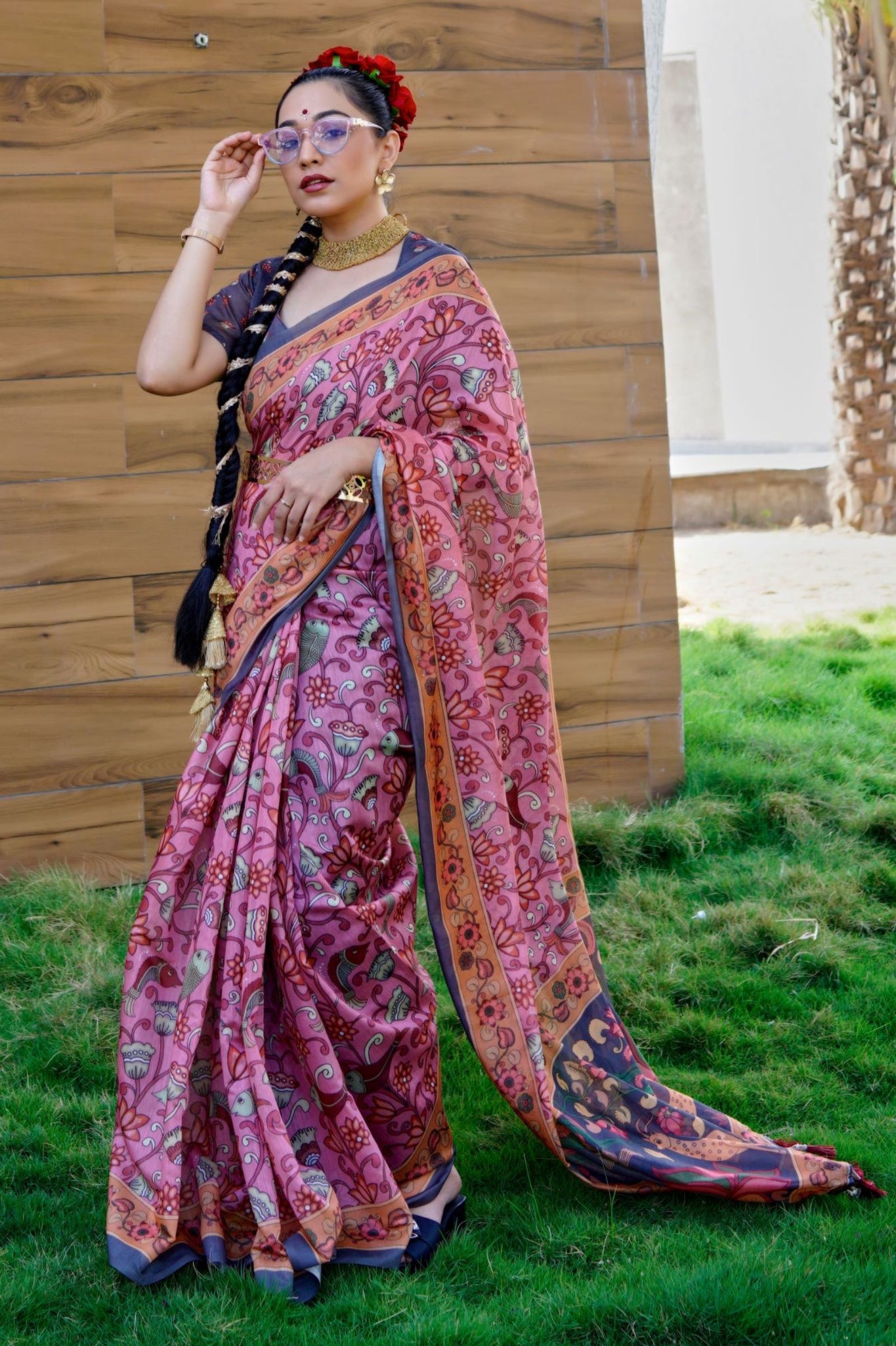 Charming Pink Cotton Saree With Kalamkari Digital Print