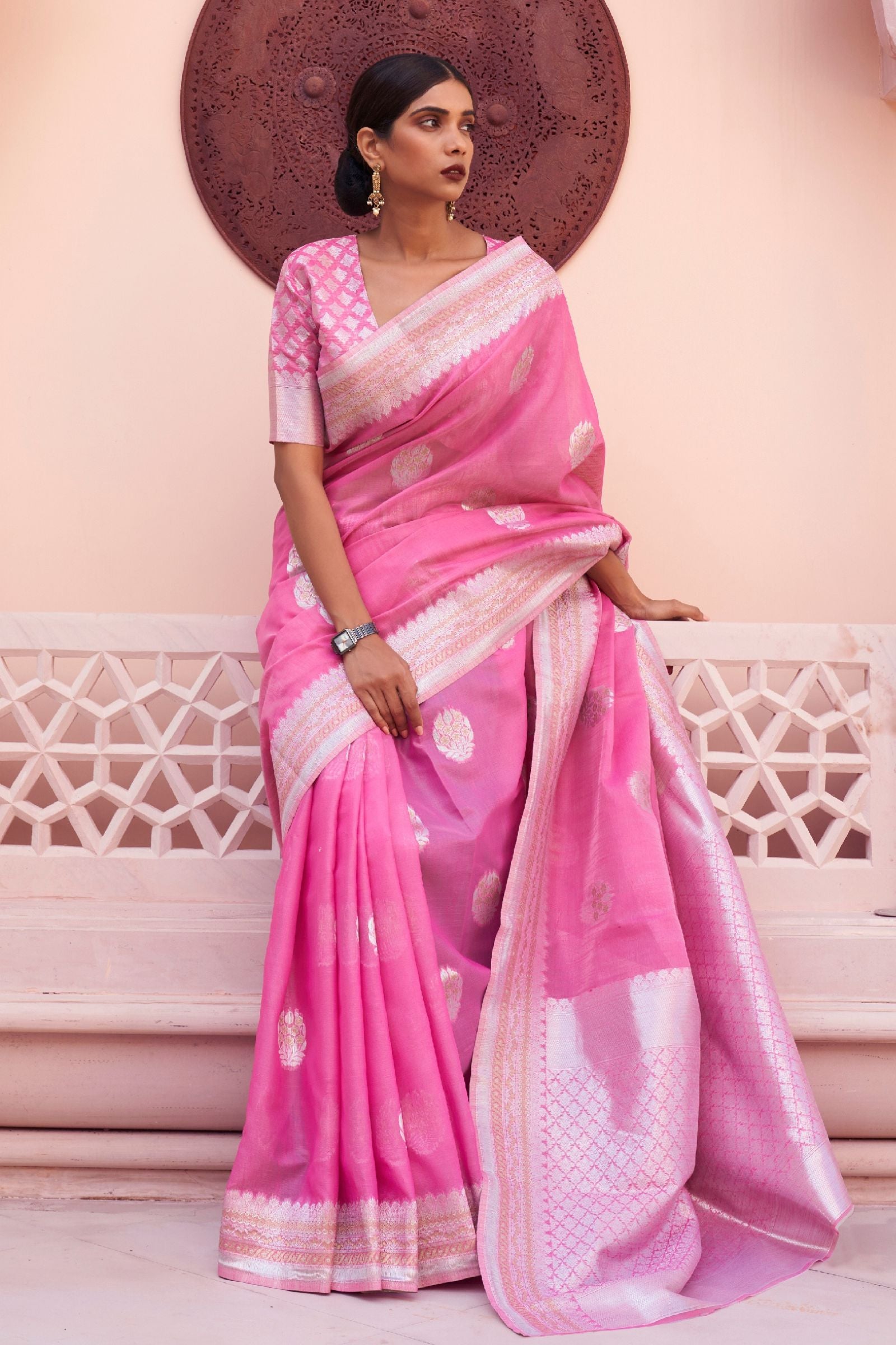 Pink Zari Motif Linen Saree