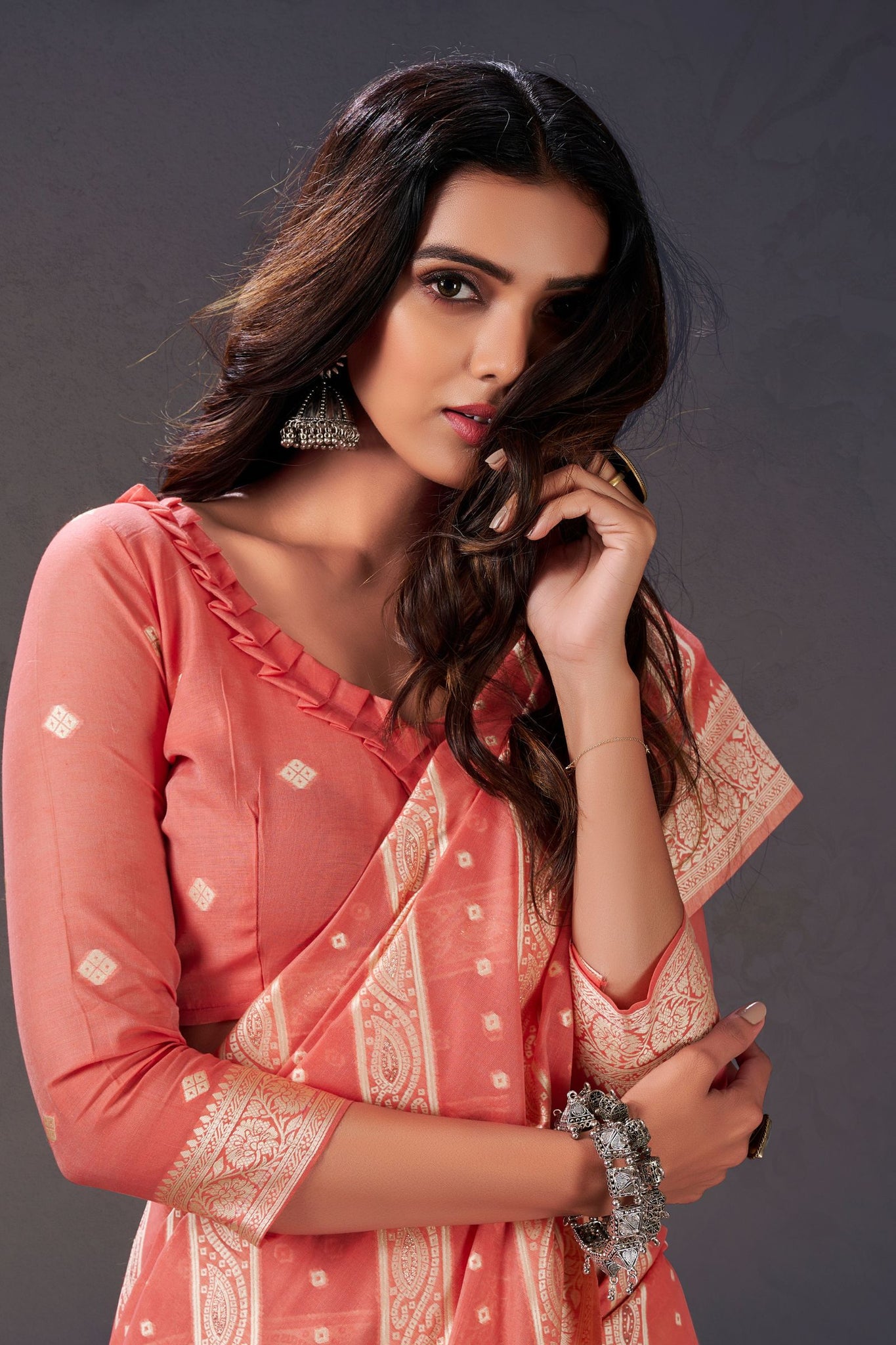 Brick Red Cotton Silk Saree with Bandhani Print
