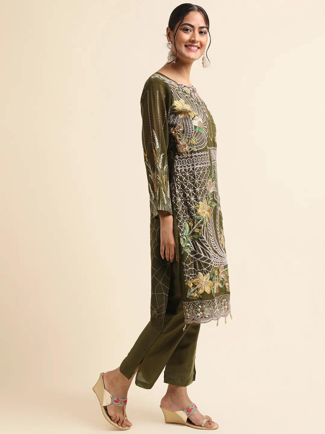 Mehndi Green Embroidered Suit Set