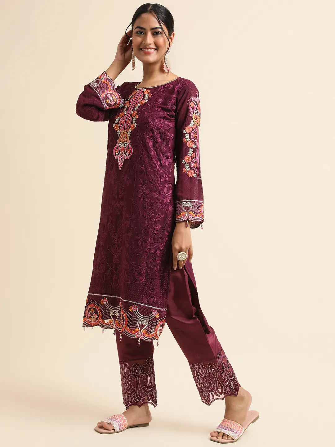 Burgundy Embroidery Work Suit Set