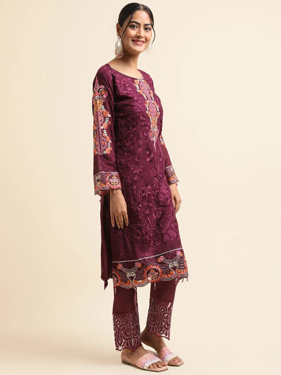Burgundy Embroidery Work Suit Set