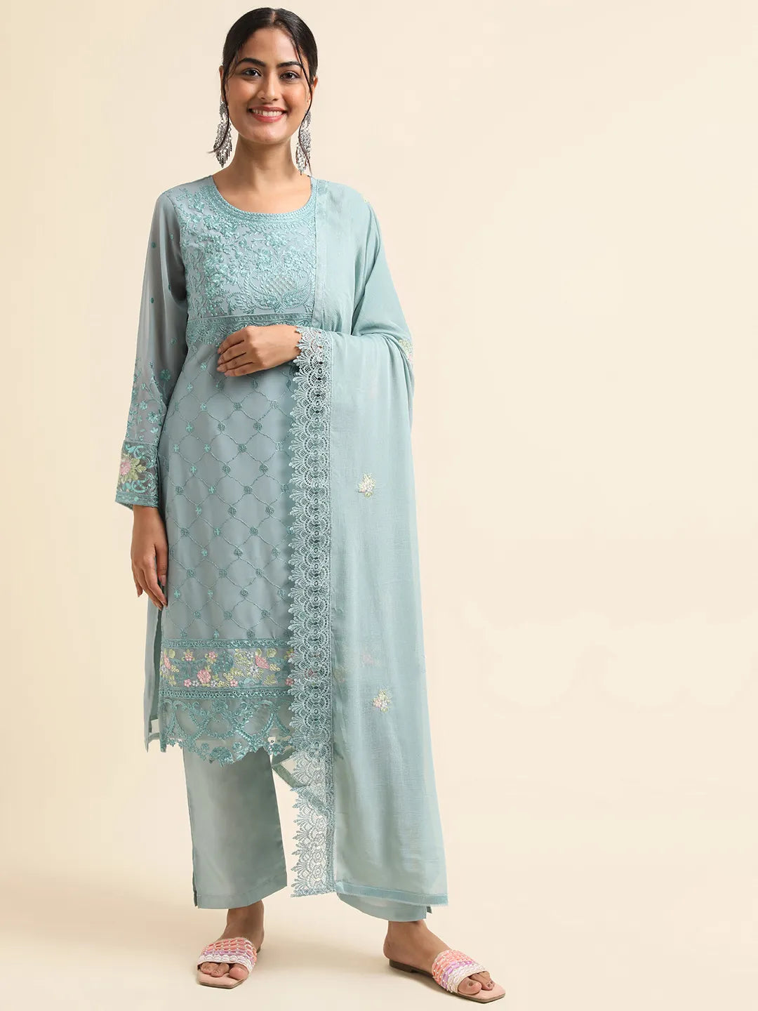 Cloud Blue Thread Embroidery Work Suit Set