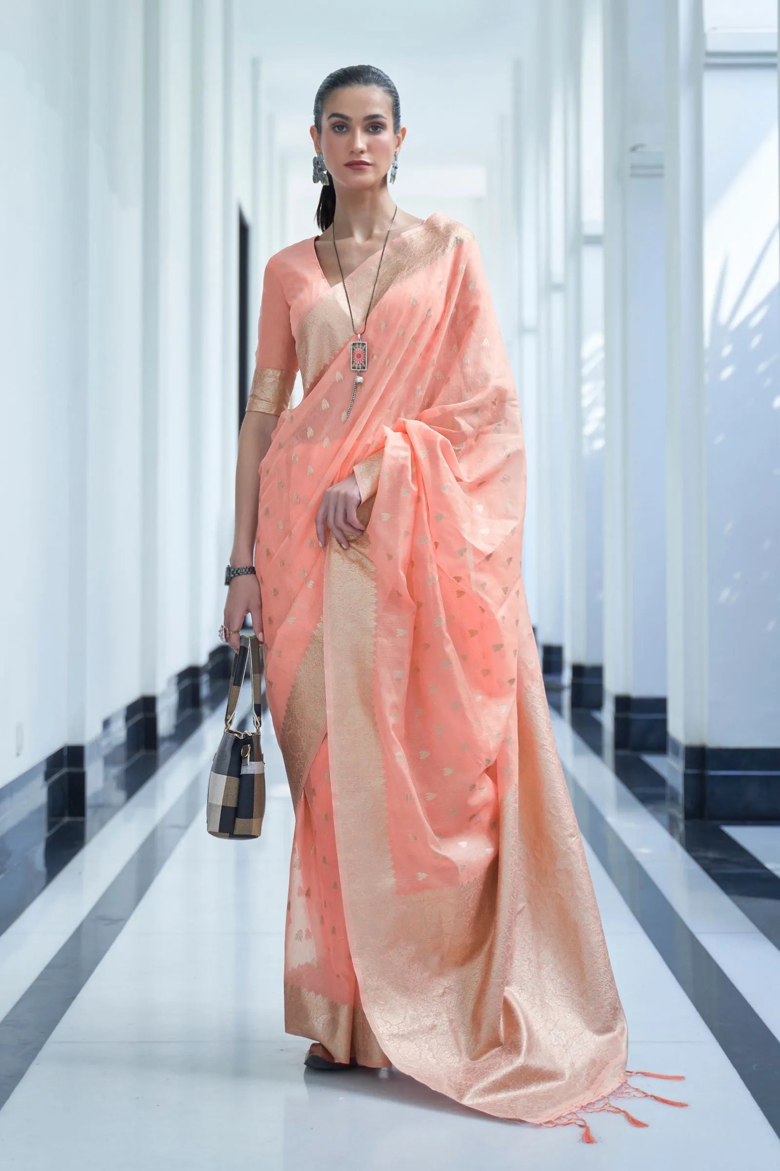 Peach Mukaish Weaving Modal Saree