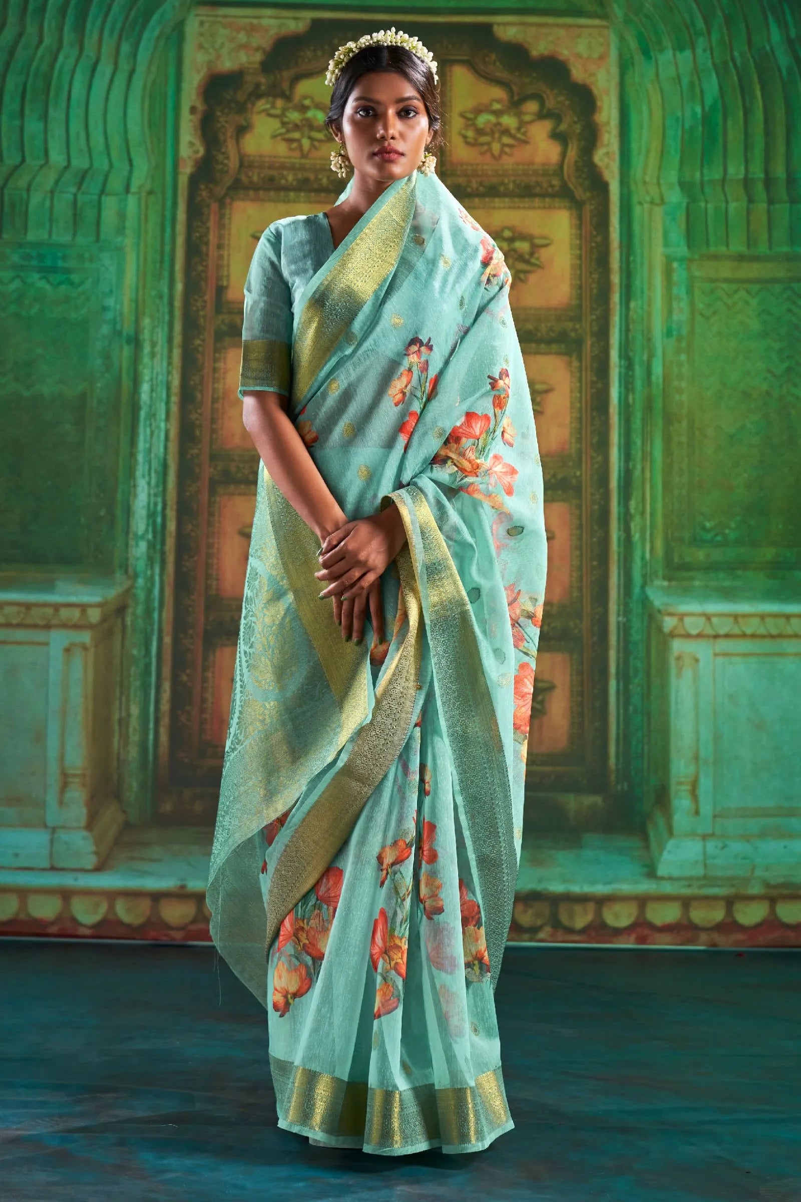 Light Blue Printed Silk Saree