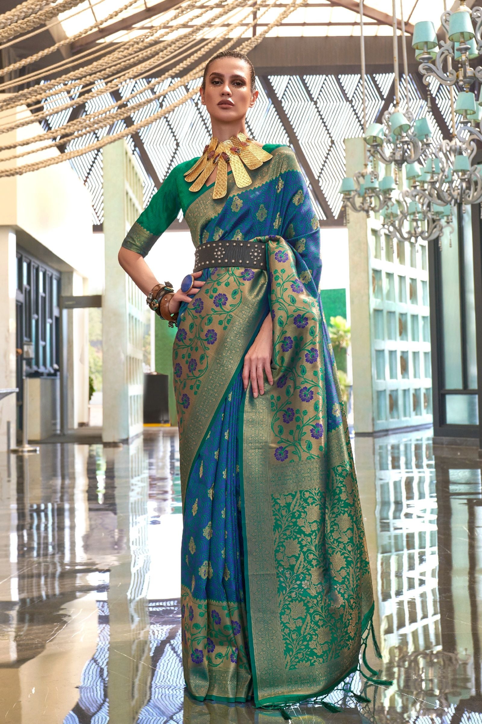 Teal Blue Self Contrast Banarasi Saree