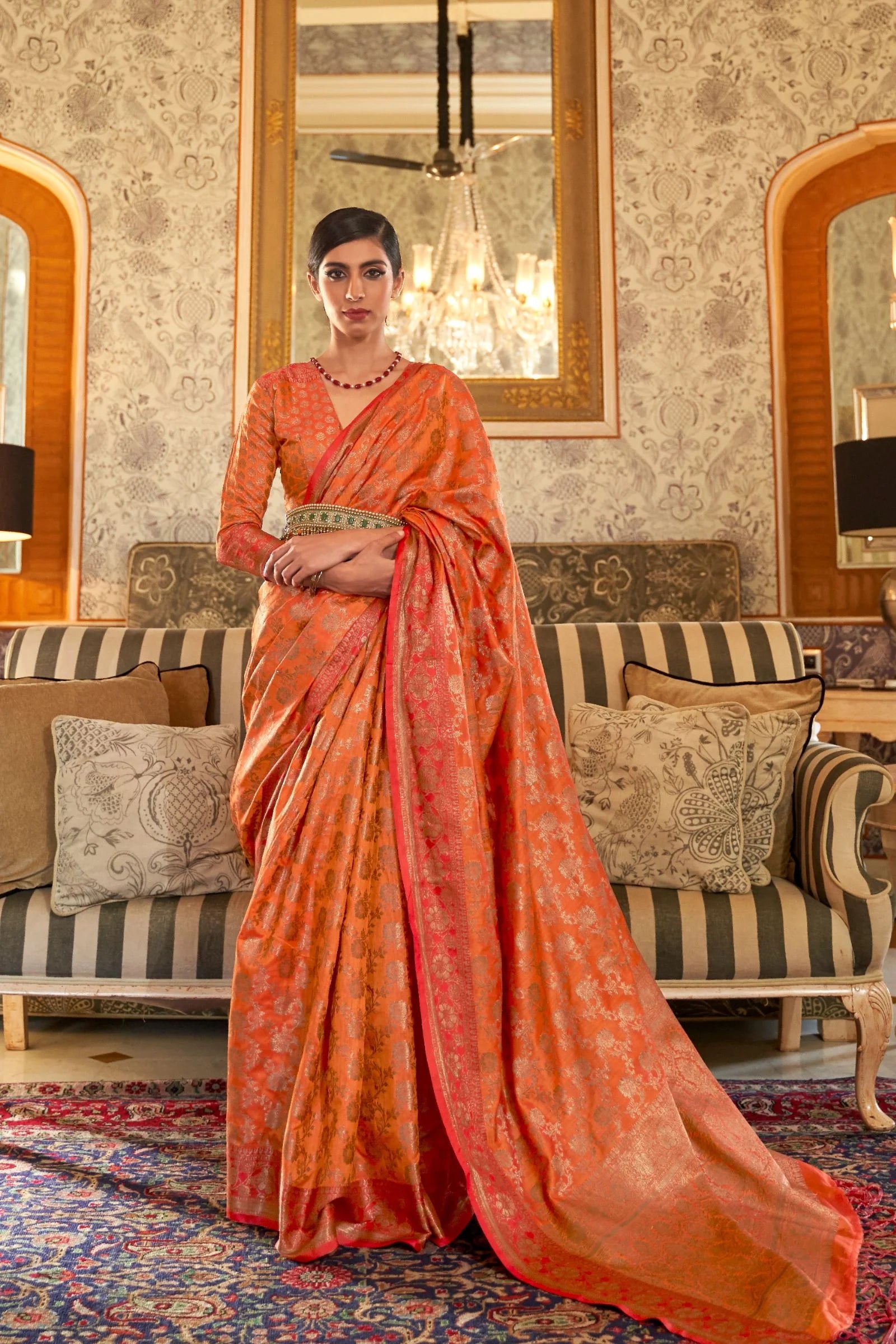 Orange Zari Work Tussar Silk Saree