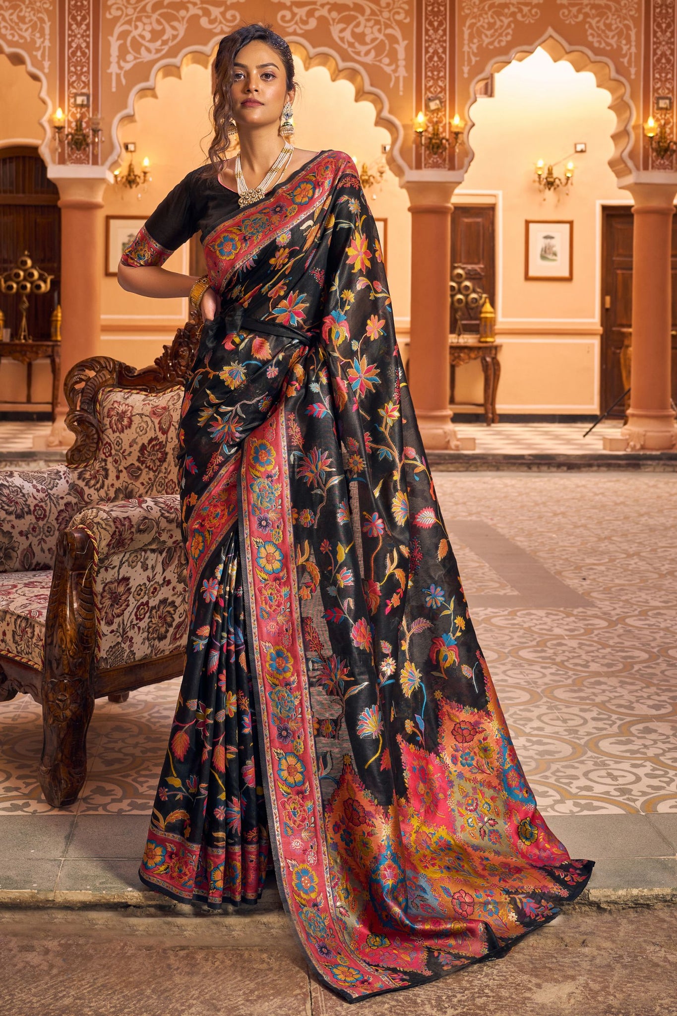 Black Pashmina Craft Cotton Silk Saree