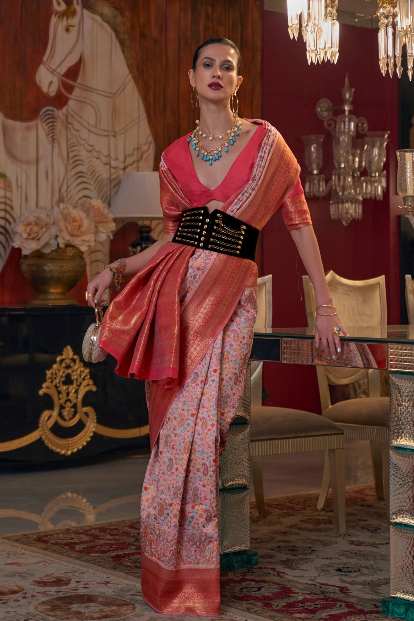 Pastel Pink Kashmiri Woven Modal Saree