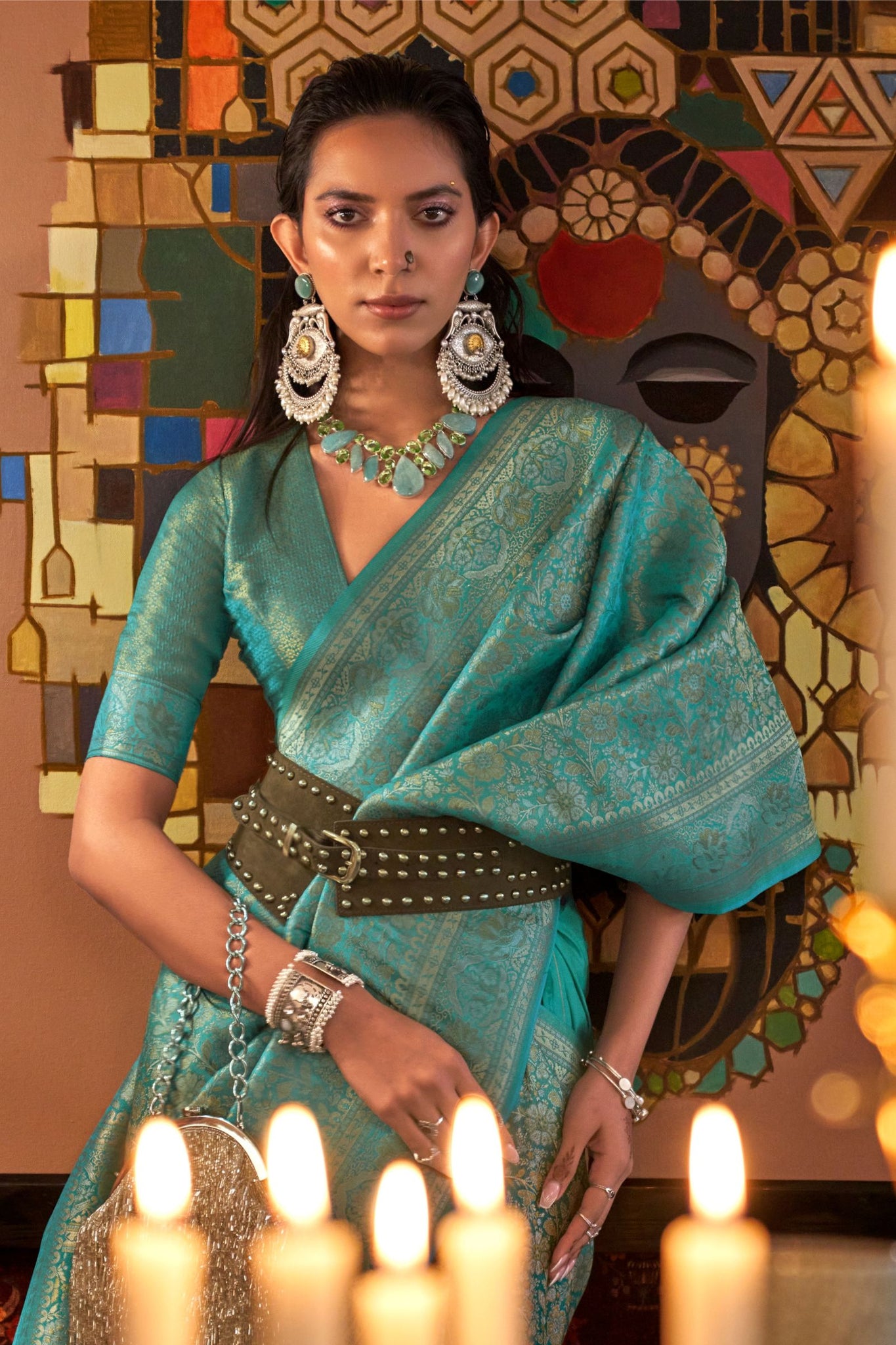 Turquoise Blue Multi Zari Weaving Silk Saree