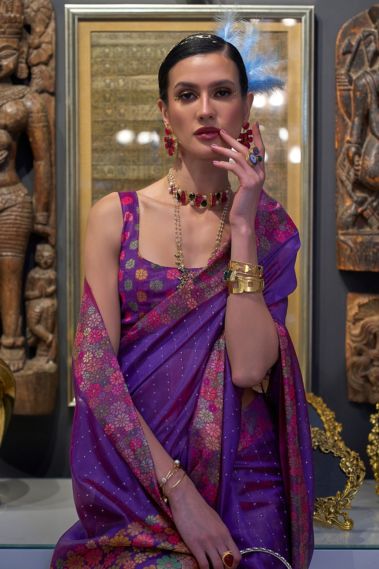 Violet Sequins Work Floral Border Organza Saree